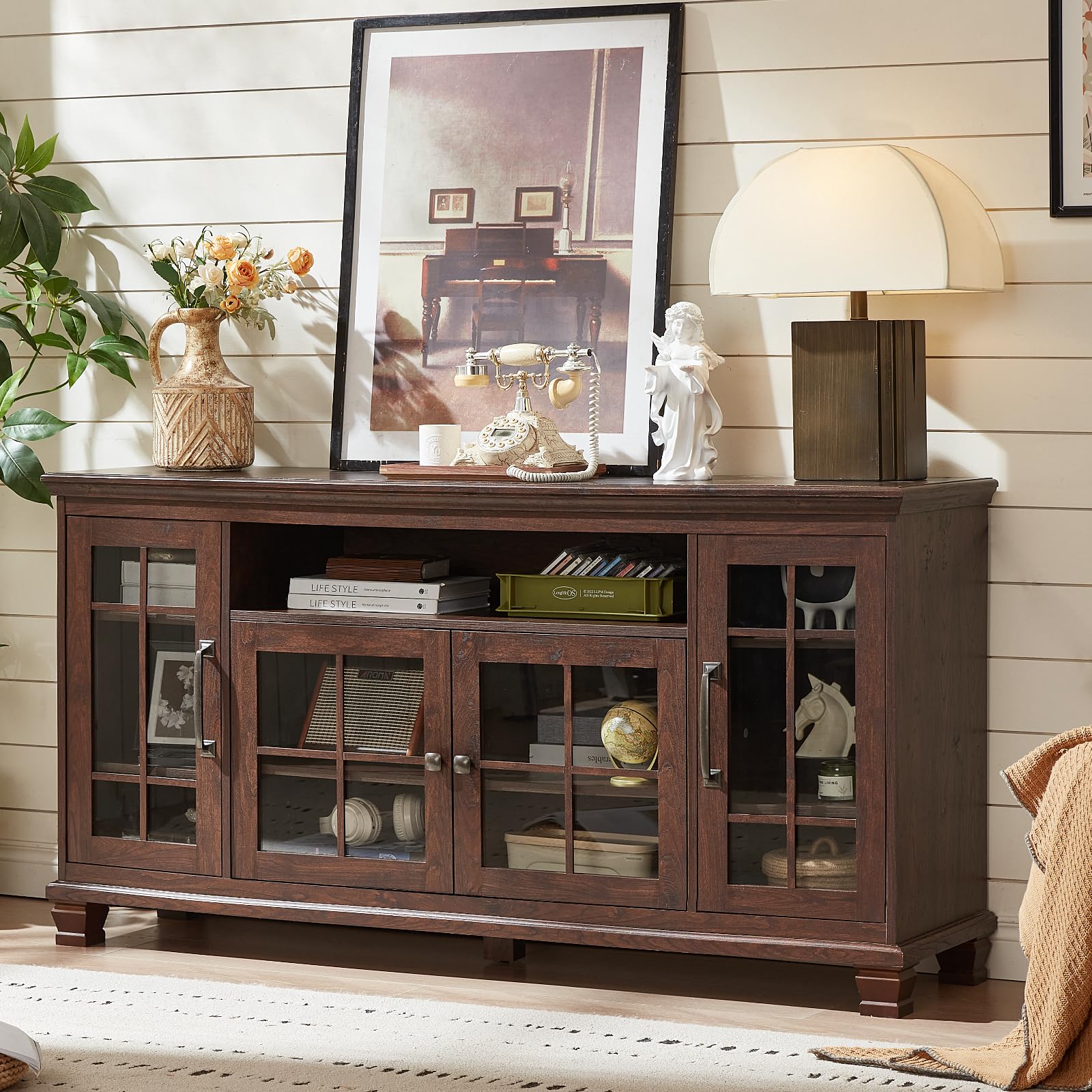 Vintage Walnut Sideboard Buffet Cabinet with Glass Doors