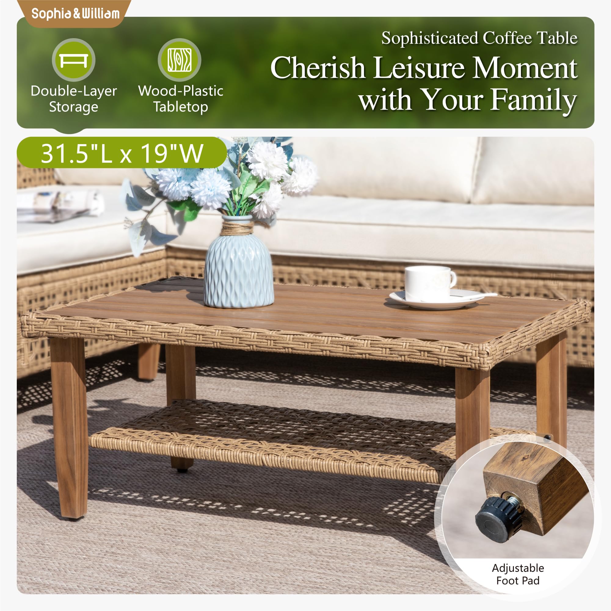 Outdoor Rattan Sofa Set with Cushions & Coffee Table - 3 Piece Patio Furniture