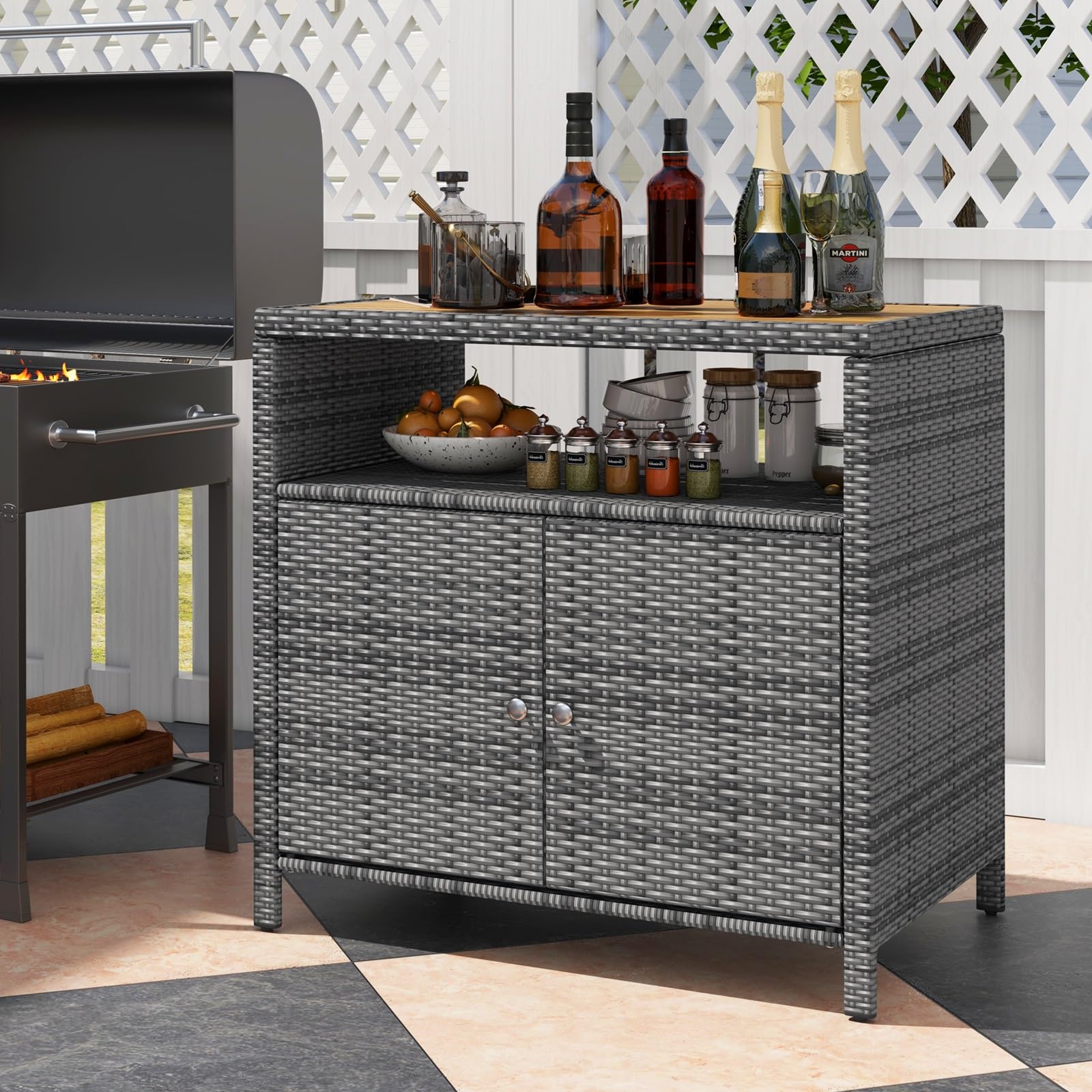 Wicker Outdoor Bar Cabinet with Acacia Wood Countertop