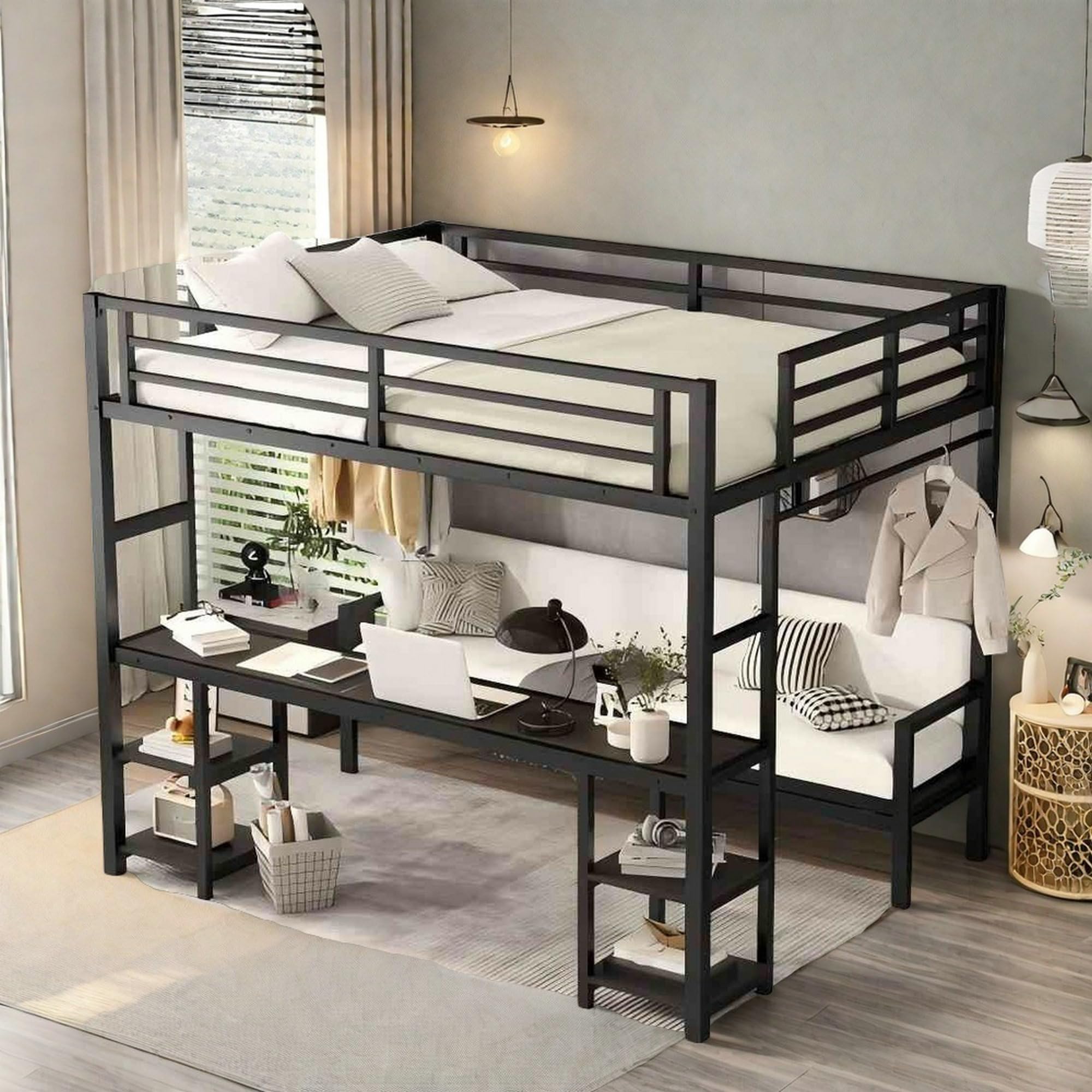 Metal Bunk Bed with Desk and Shelves Queen Over Twin XL
