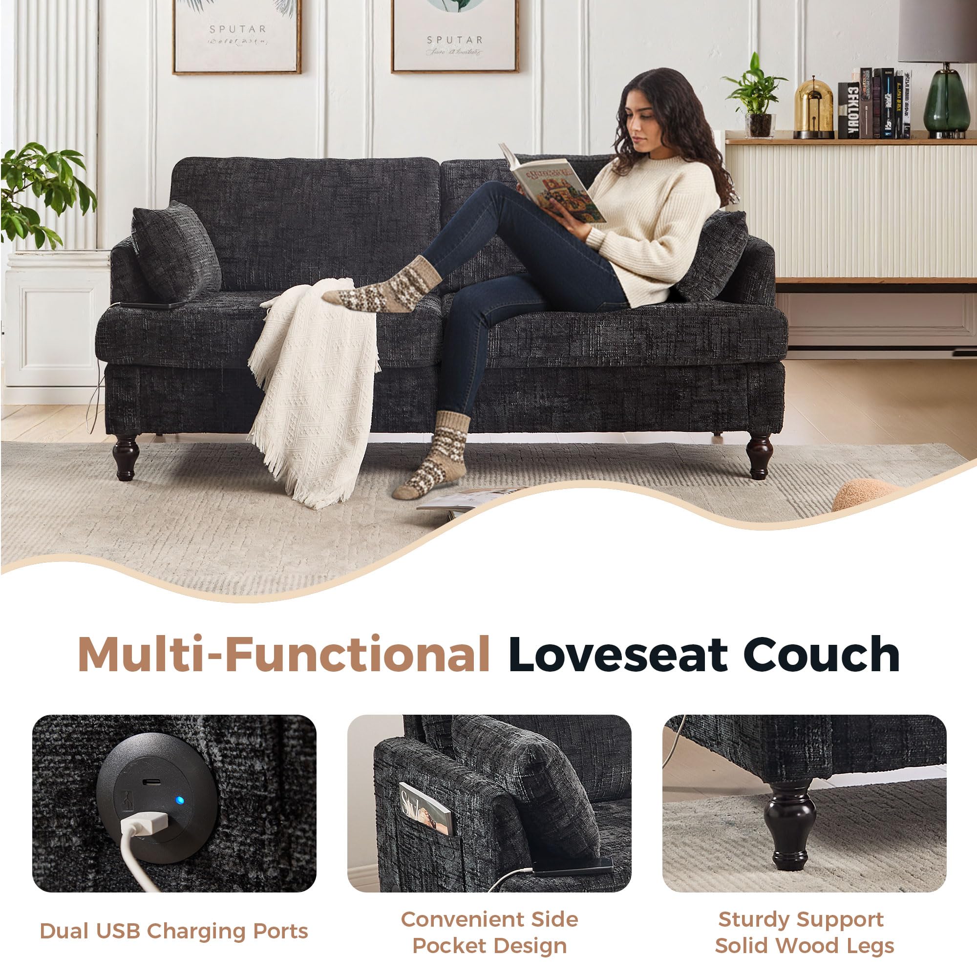 69" Mid-Century Modern Loveseat with USB & LED