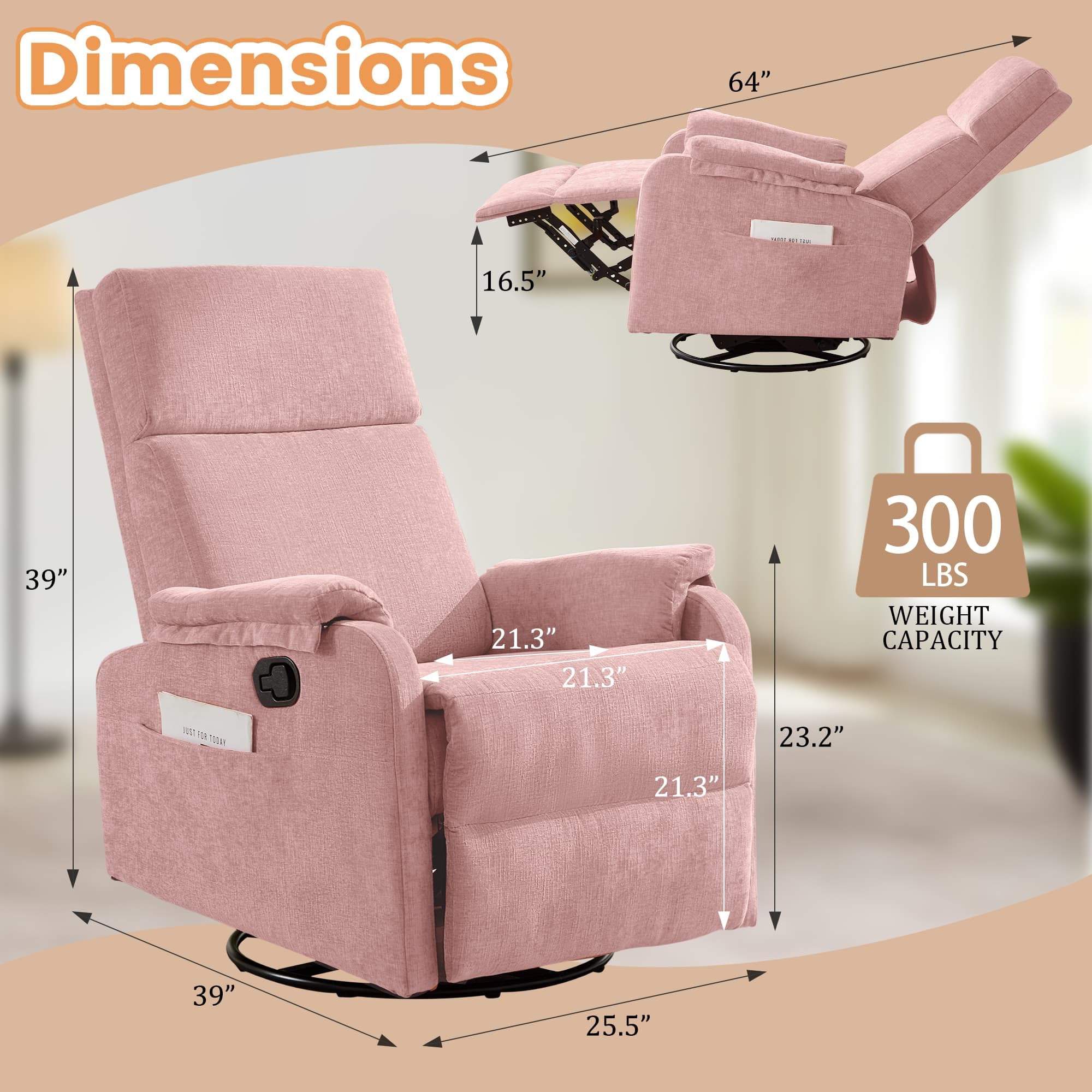 Korser Recliner Chair, Swivel Rocking Recliner Chair for Adults, Glider Rocking Chair, Small Nursery Chair Recliner for Living Room, Reclining Chair with Modern-Designed Armrests, Chenille, Khaki