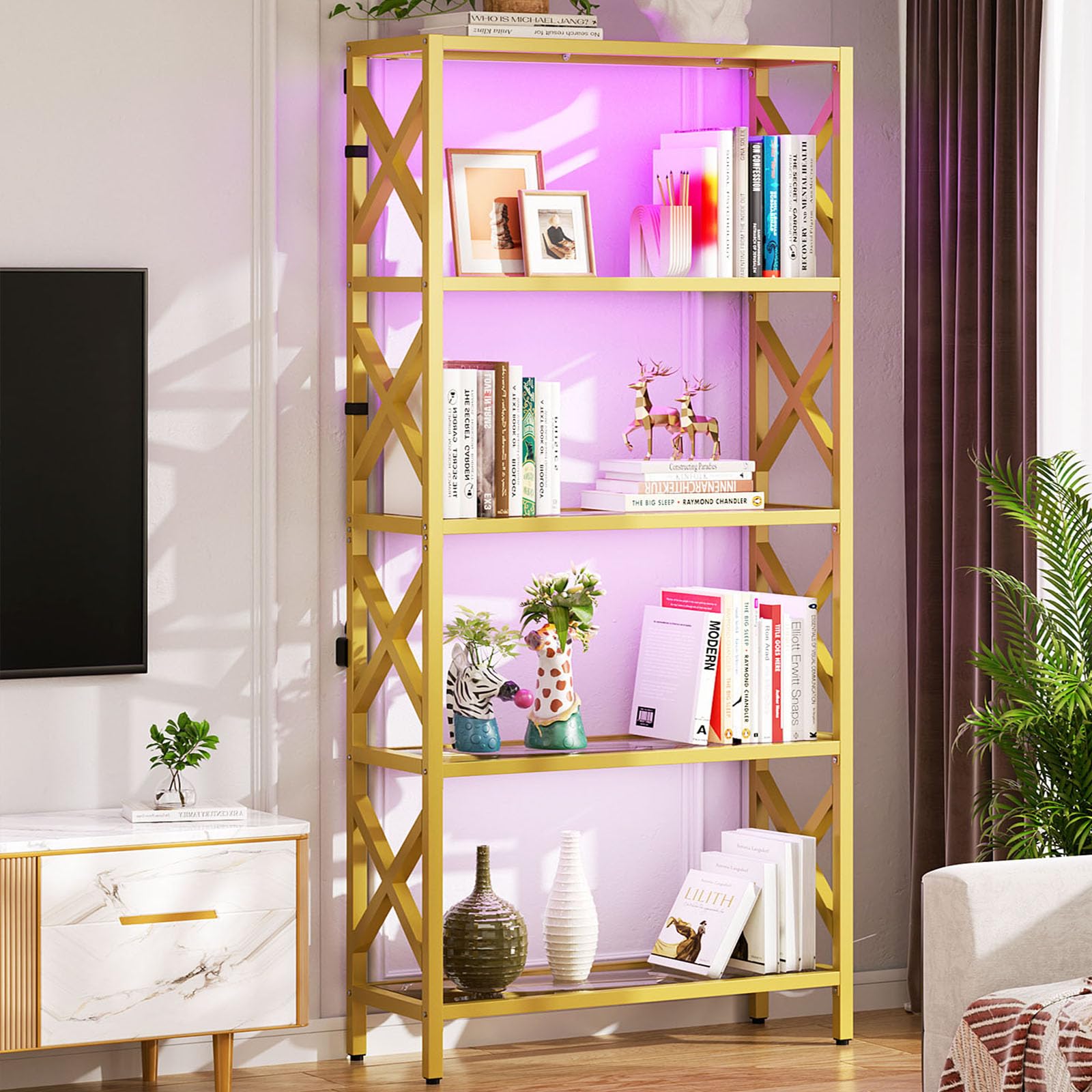 5-Tier Glass Bookshelf with LED Light