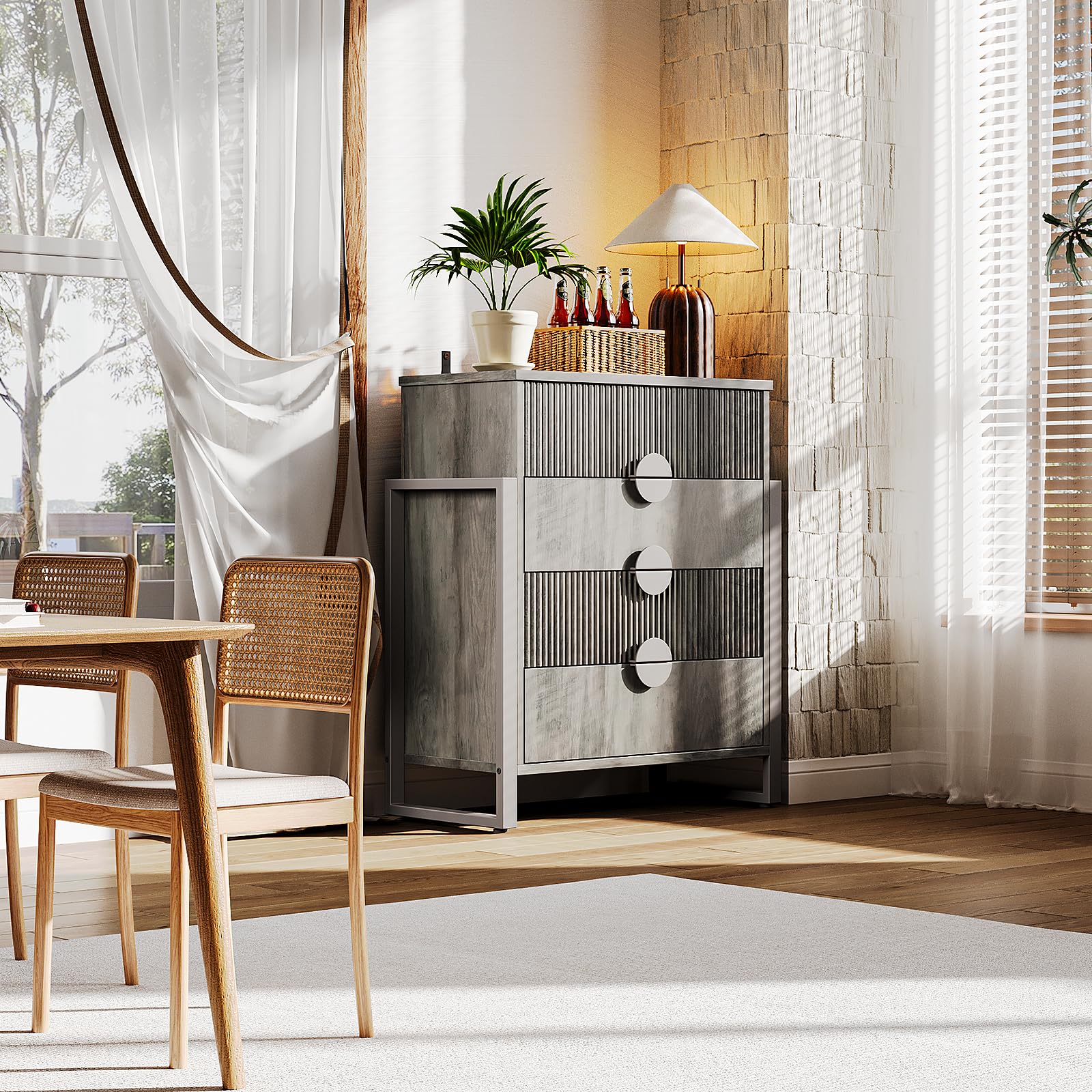 Fluted Dresser with 4 Drawers - Modern Chest with Steel Frame