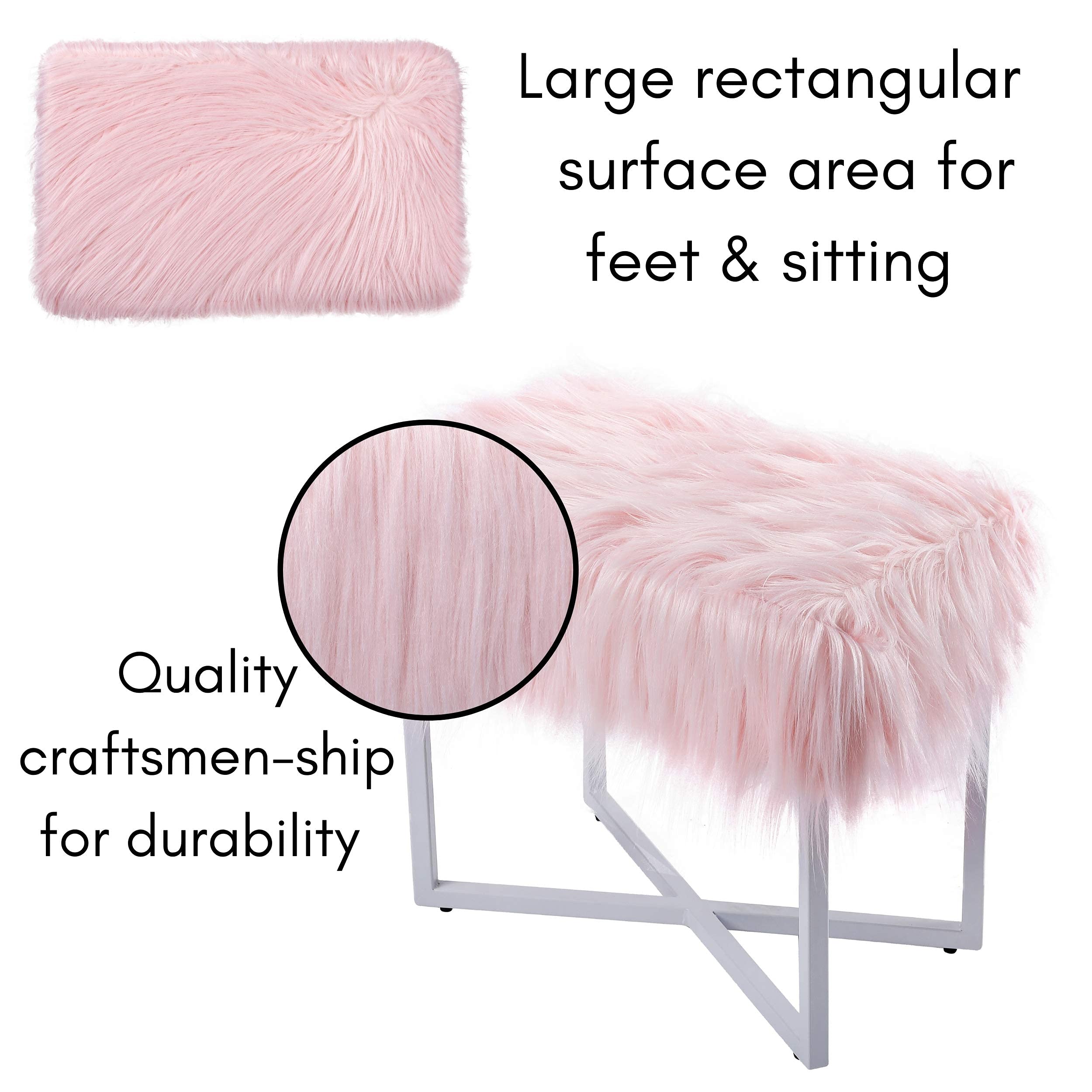 Rectangular Faux Fur Vanity Stool Ottoman Pink
