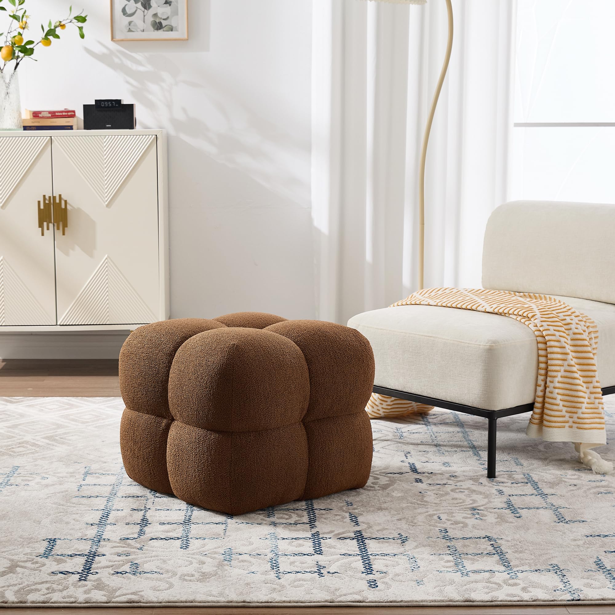 Square Teddy Fleece Ottoman Rust Brown