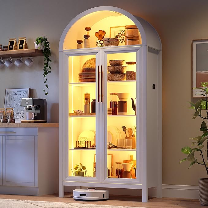 Arched Kitchen Pantry Cabinet with Glass Doors and LED Lights