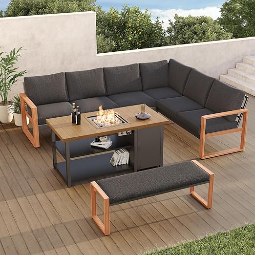 Aluminum L-Shaped Outdoor Sectional Sofa with Dining Table and Bench