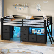 Low Loft Bed Twin Size with Storage Drawers and LED Lights