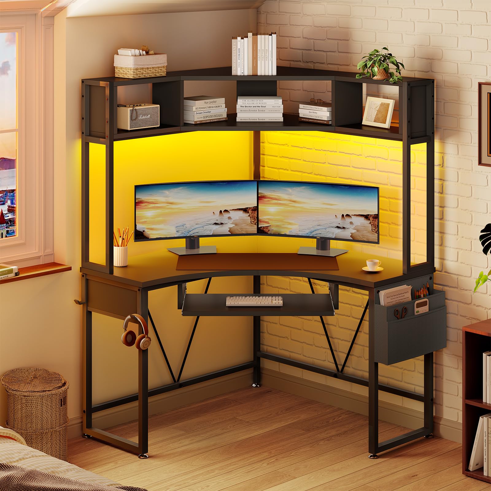Corner Desk with Hutch and LED Lights