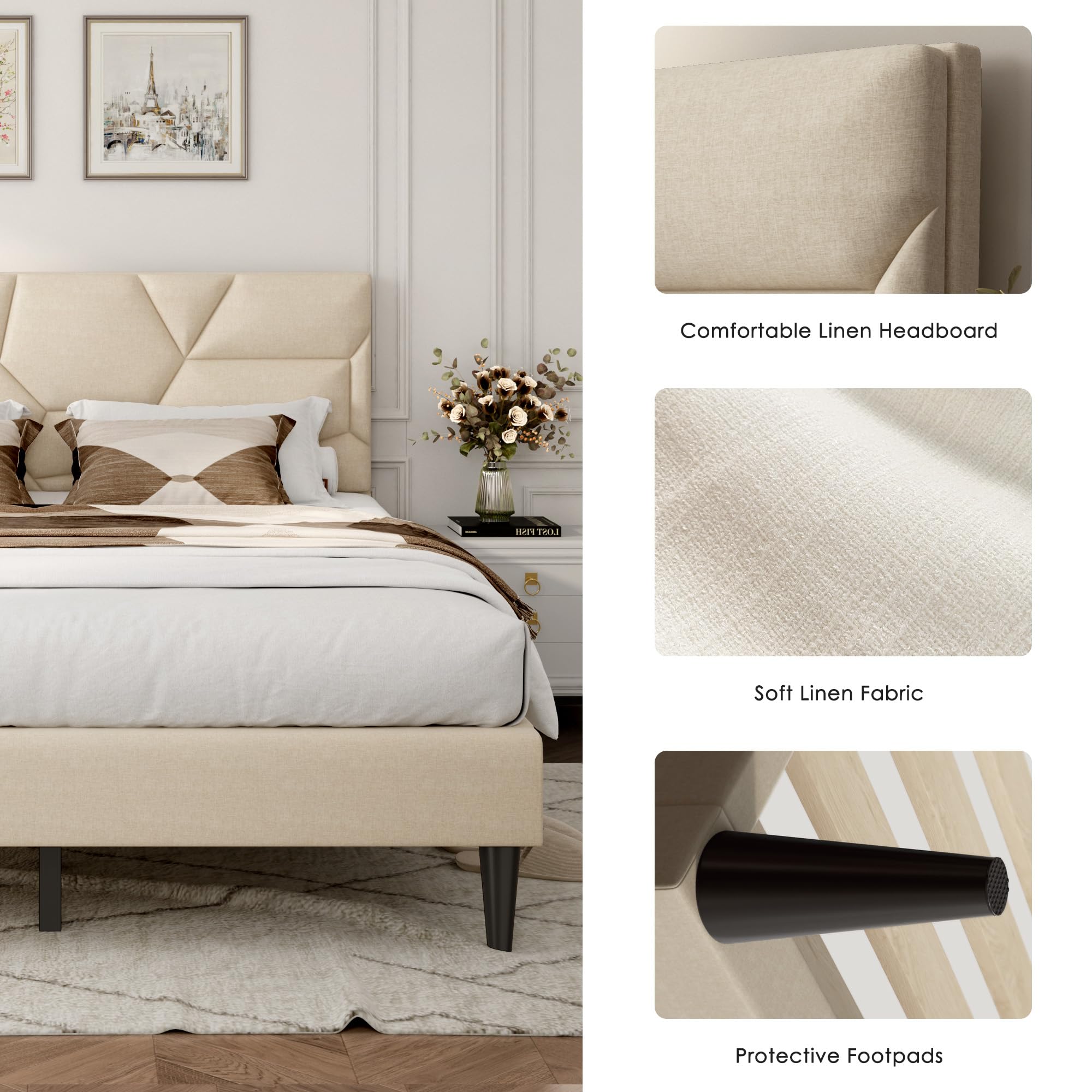 Queen Size Upholstered Platform Bed Frame with Wooden Slats