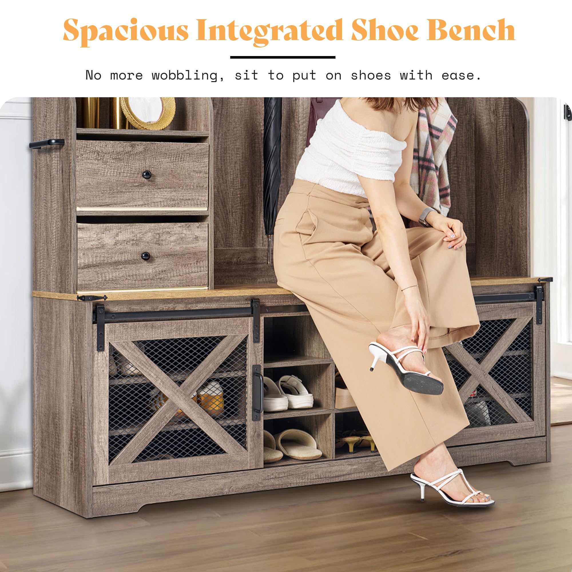 Farmhouse Hall Tree with Bench and Shoe Cabinet