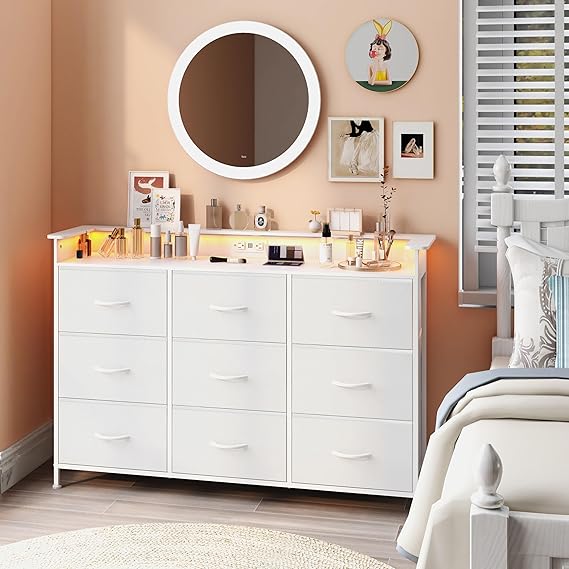 9-Drawer Dresser with LED Lights and Charging Station