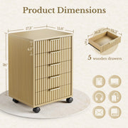 Perledesign Home Office Furniture Set, Fluted Wooden File Cabinet with Locable Wheels, Filing Cabinet with 5 Drawers for Home Office, Light Walnut