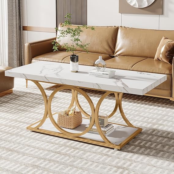 2-Tier Faux Marble Coffee Table with Geometric Legs