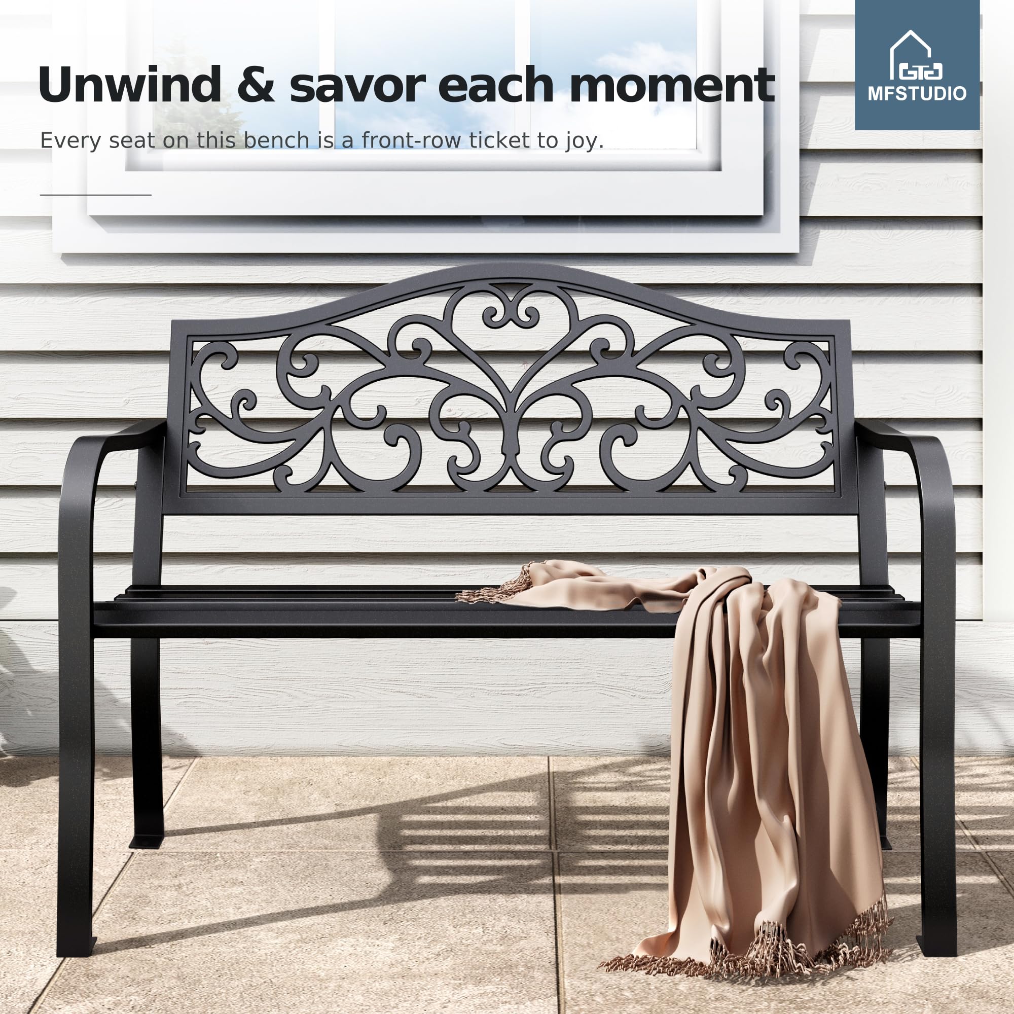 Cast Iron Outdoor Garden Bench with Floral Pattern