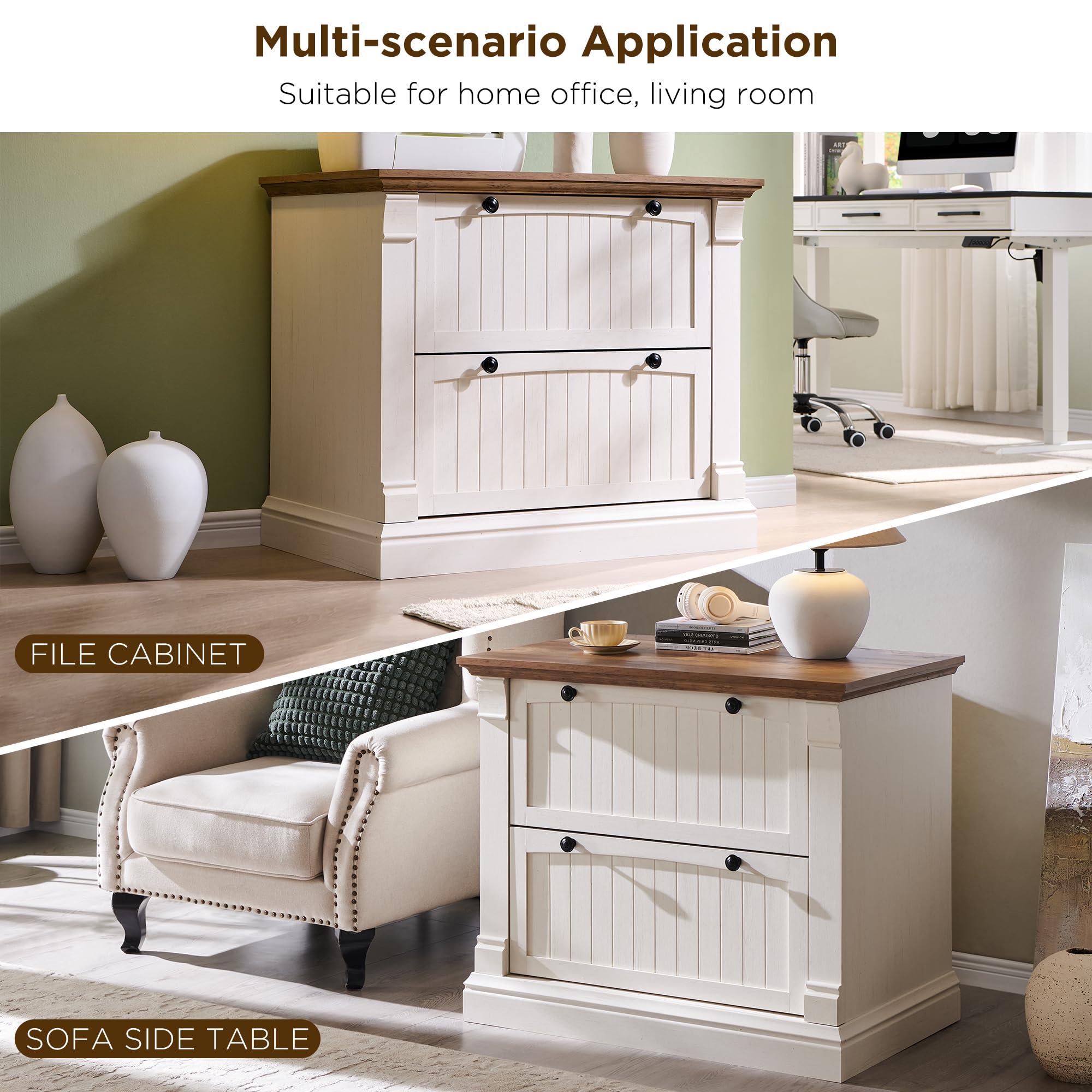 OKD Farmhouse File Cabinet with 2 Drawers, 35.3" Lateral Filing Cabinet with Hanging File Folders, Interlocking Drawers, Wood Rustic Storage Cabinet for Home Office, Living Room, Antique White