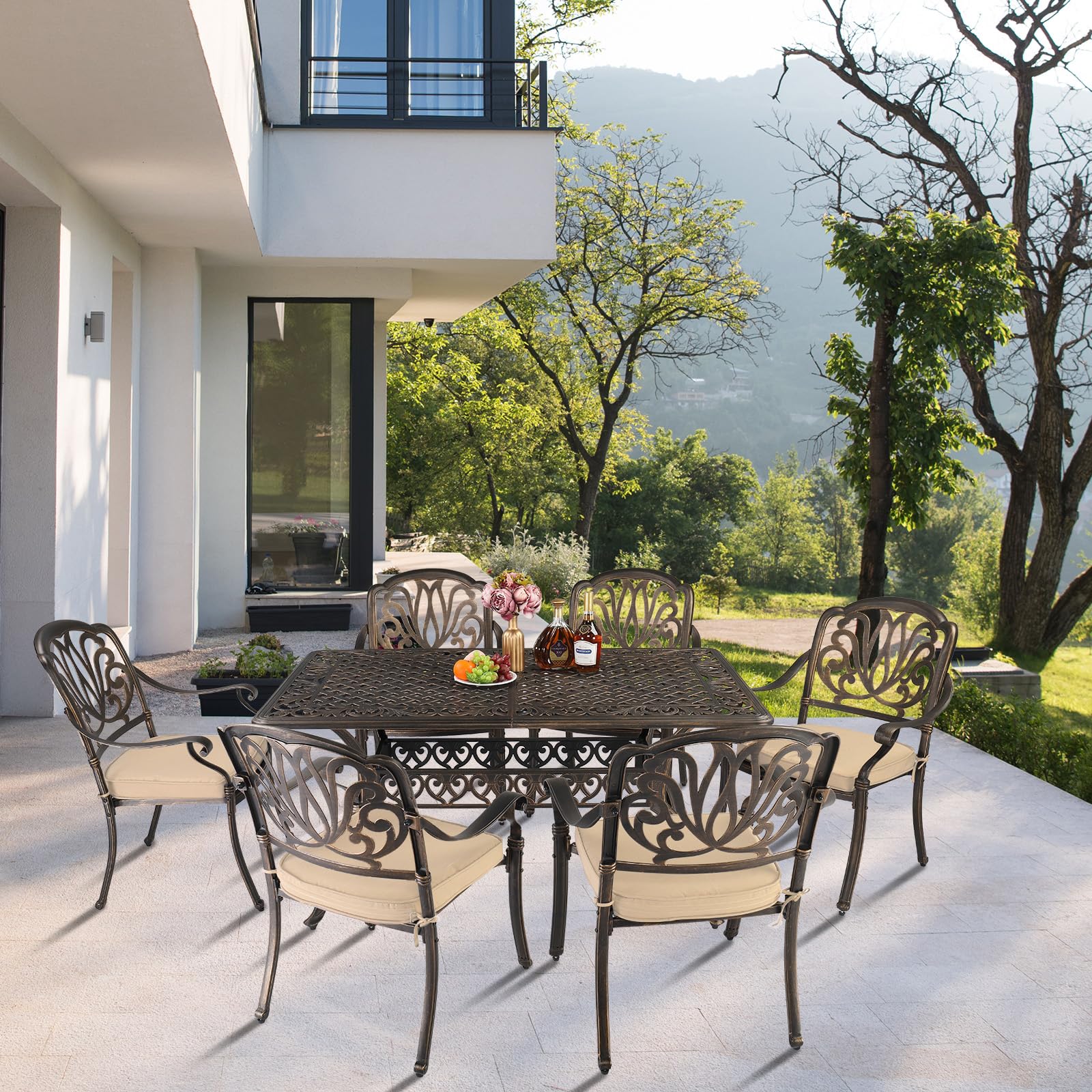 VINGLI 7 Pieces Outdoor Dining Set, Cast Aluminium All-Weather Patio Dining Set for 6 with Umbrella Hole, Outdoor Dining Table and Chairs with Cushion for Yard, Garden, Porch and Poolside, Bronze