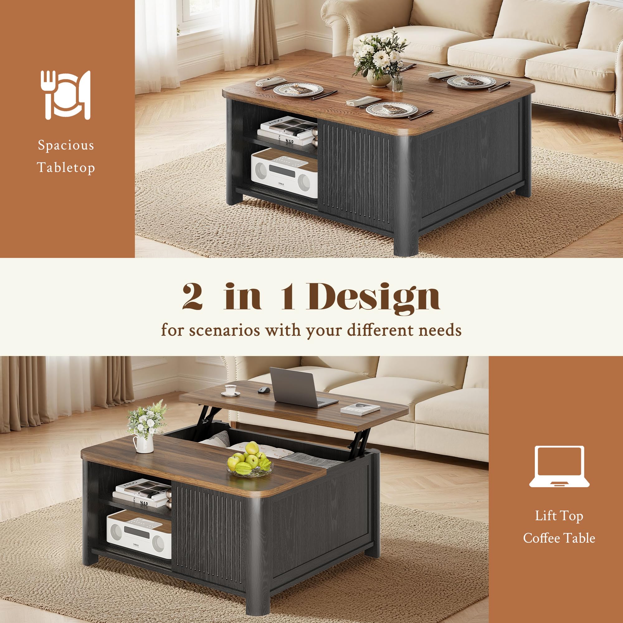 Lift Top Coffee Table with Storage 31.5" Square Mid Century Modern