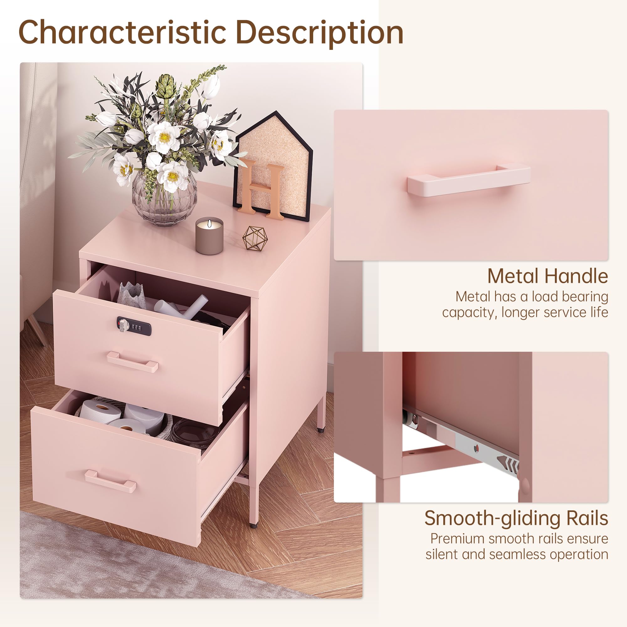 2 Drawer Lockable Metal Nightstand End Table