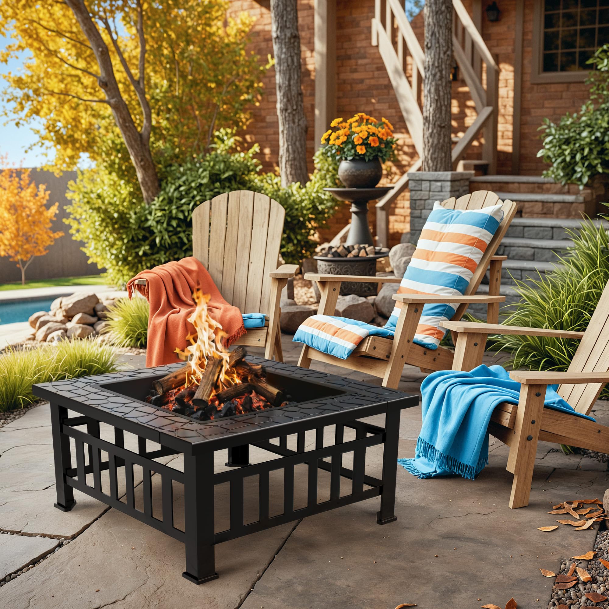 Square Metal Fire Pit with Spark Screen