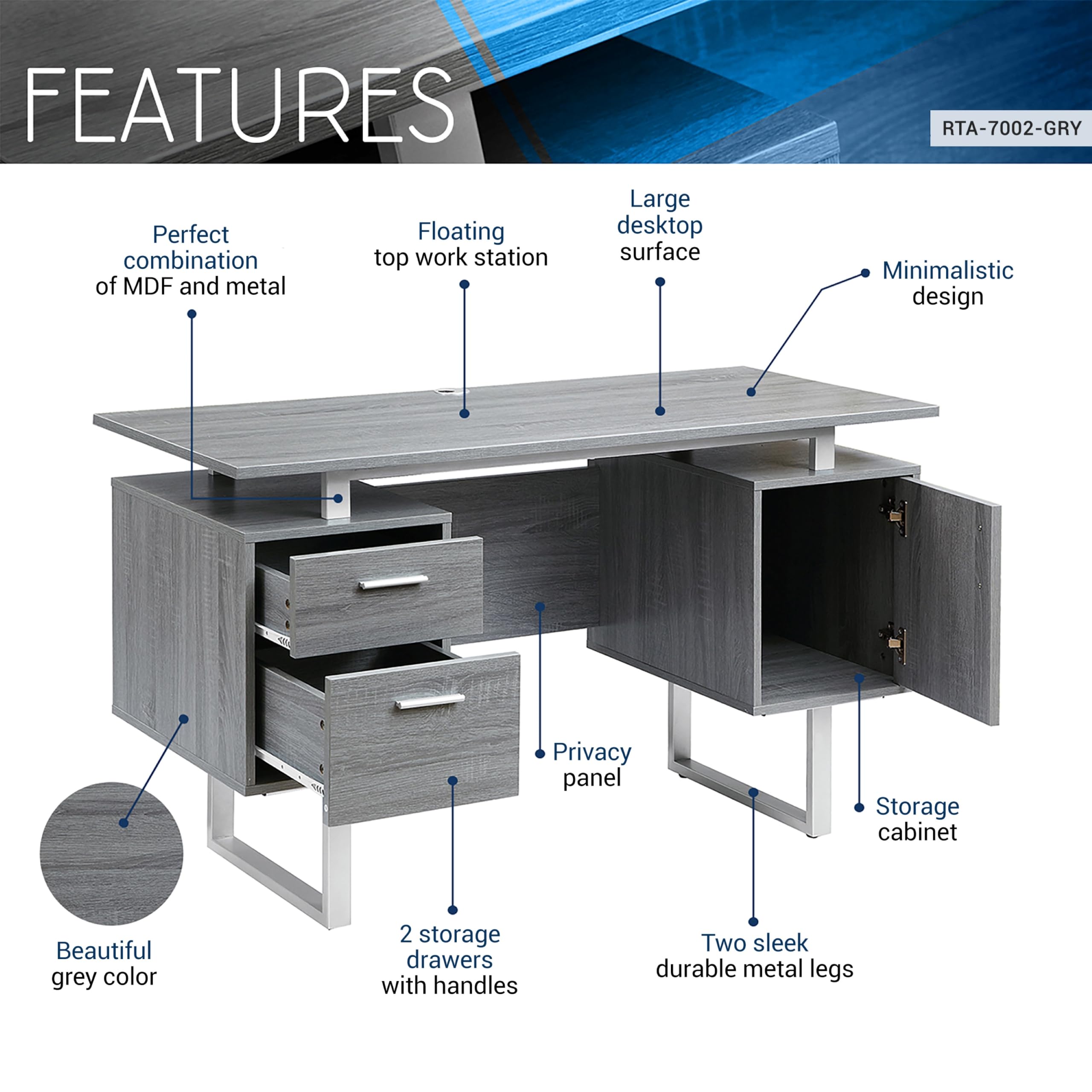 Techni Mobili Modern Office Desk with Storage, Gray