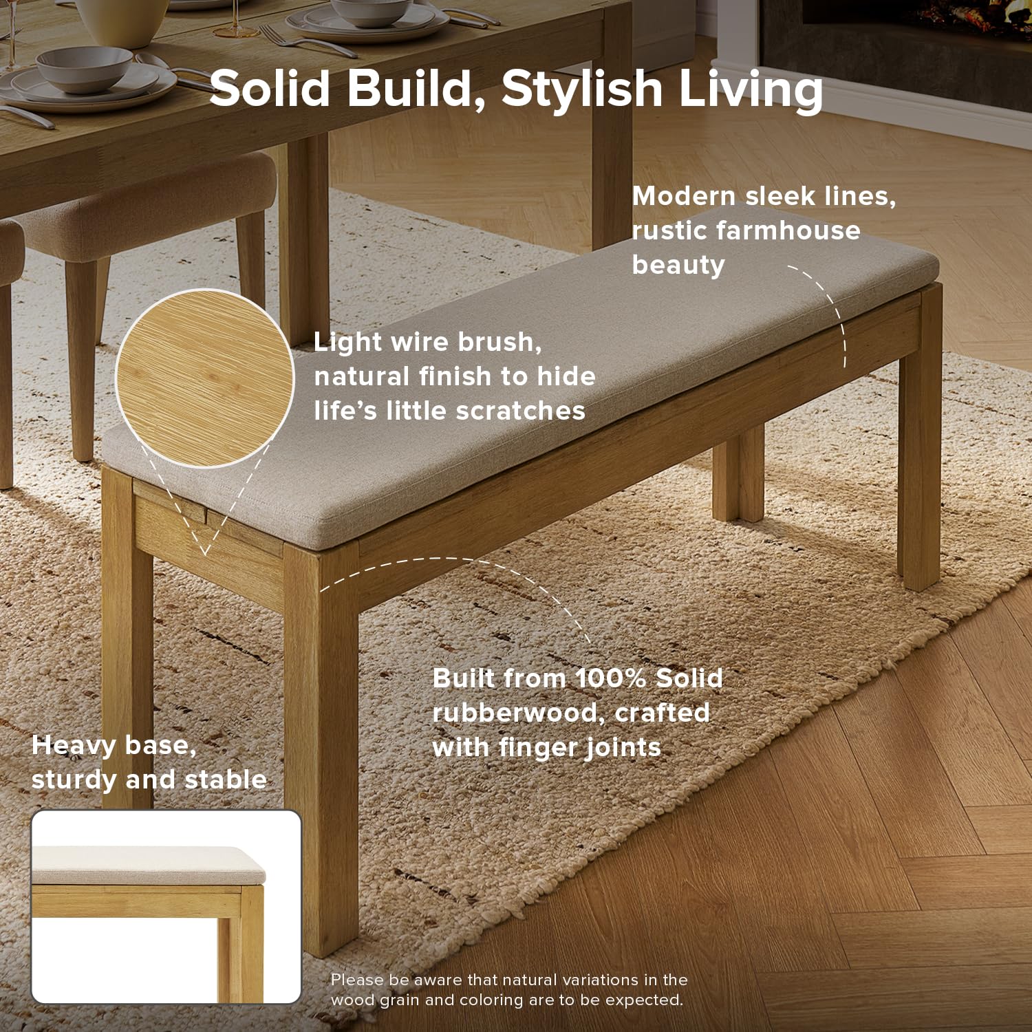 Logan Upholstered Beige Dining Bench - Modern Farmhouse Solid Wood
