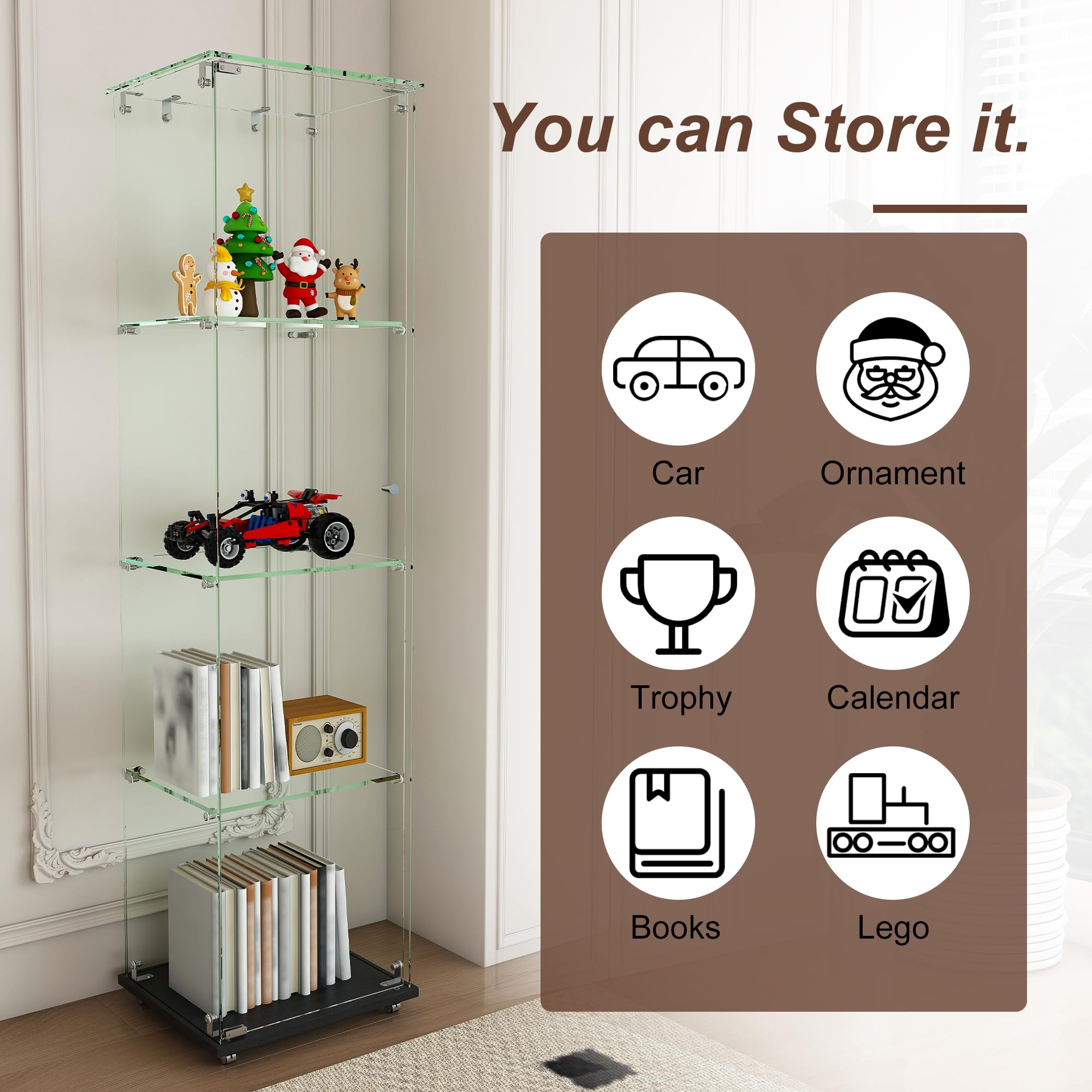 Glass Display Cabinet with LED Light and Wheels