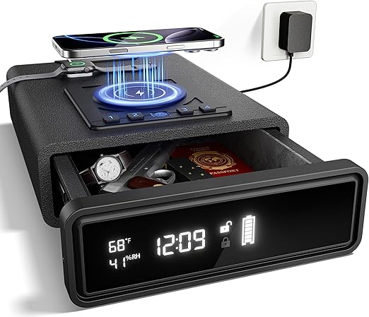 Biometric Smart Gun Safe with Wireless Charging and Digital Clock