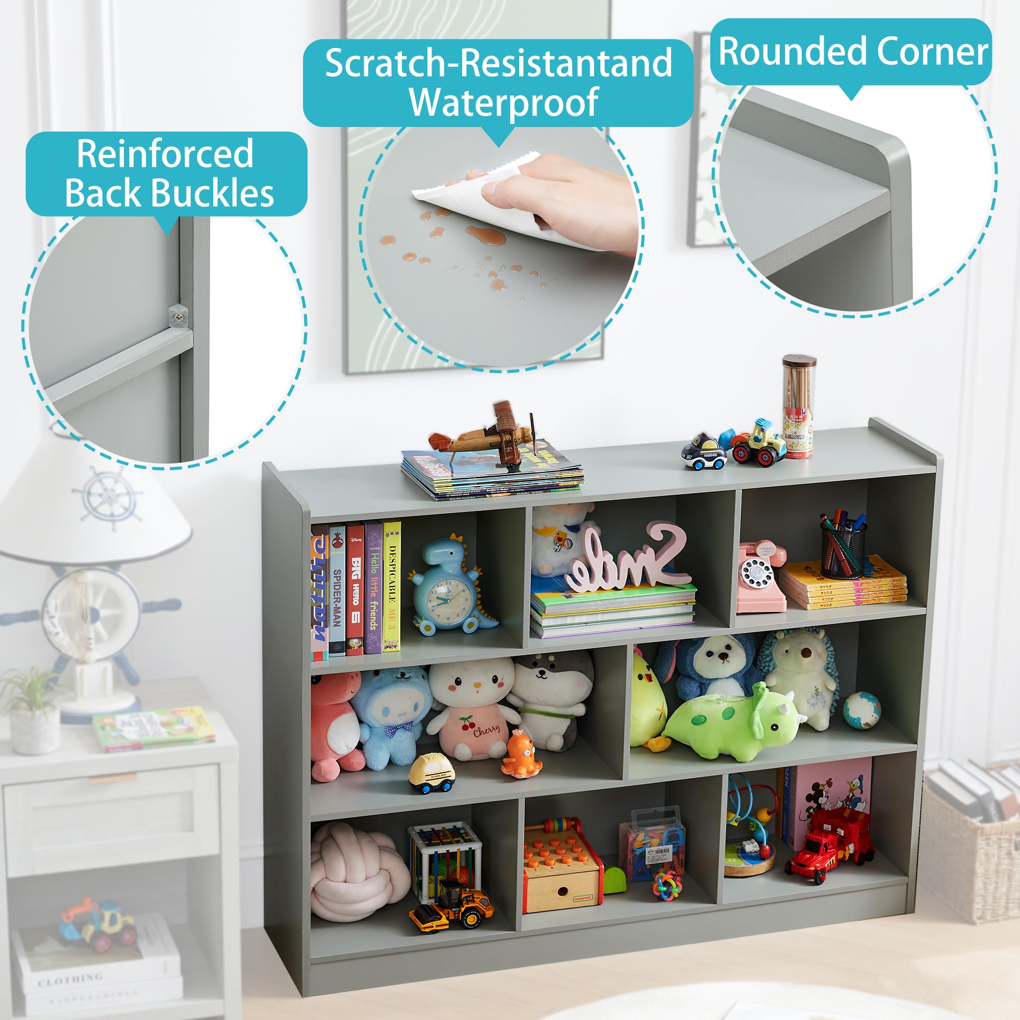 3-Tier Bookshelf 8-Section Wooden Storage Organizer