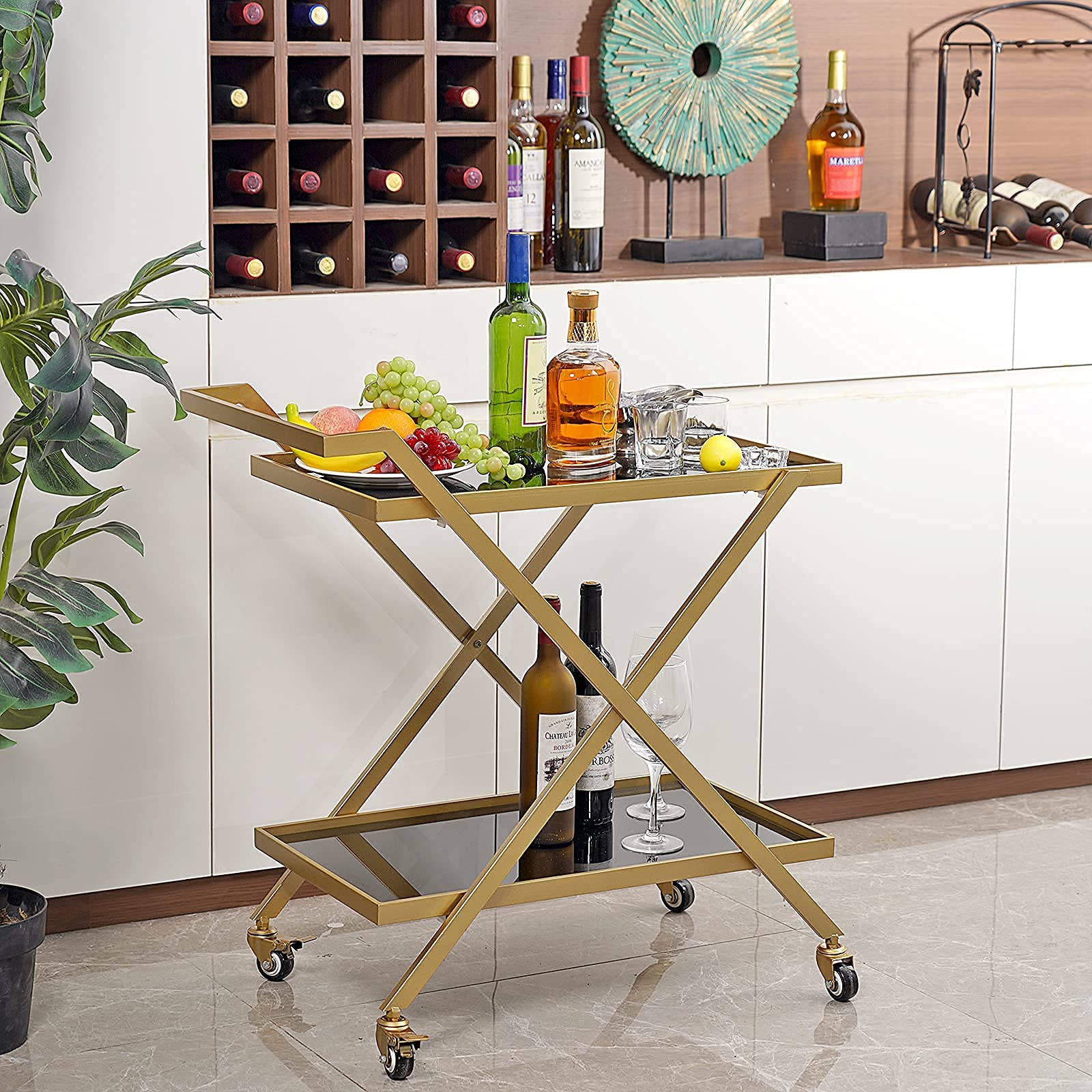 Gold Finish Bar Cart on Wheels with Glass Shelves