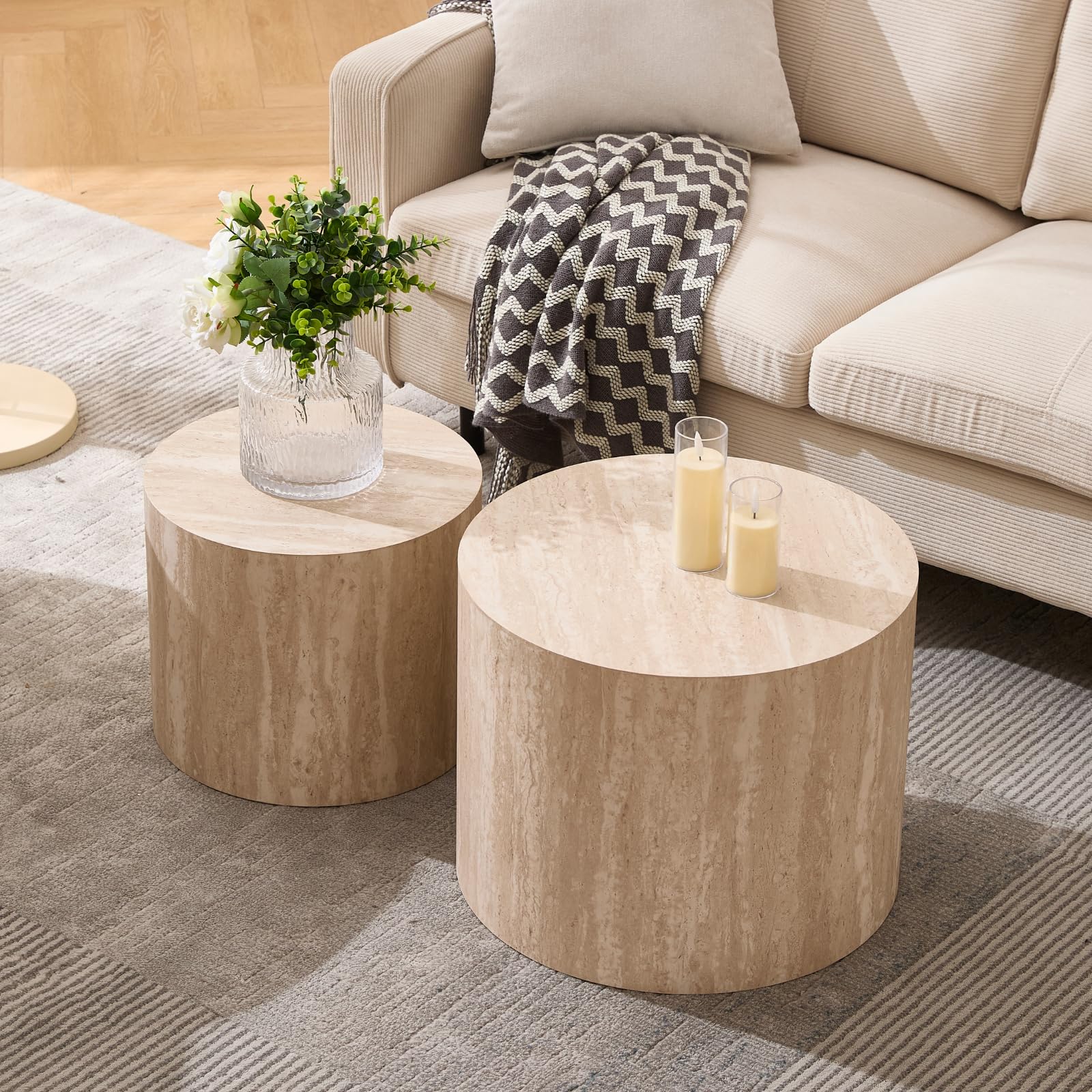 Ya-Home Round Coffee Tables Set of 2, Wood Nesting End Table Side Table for Living Room Balcony Office, No Assembling