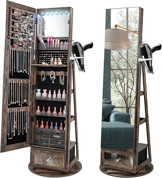 360° Swivel Jewelry Cabinet Armoire with Full Length Mirror
