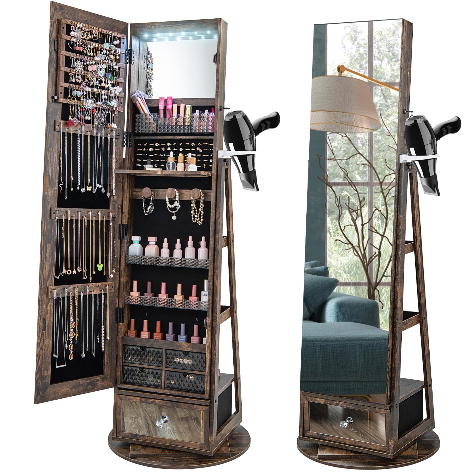 360° Swivel Jewelry Cabinet Armoire with Full Length Mirror