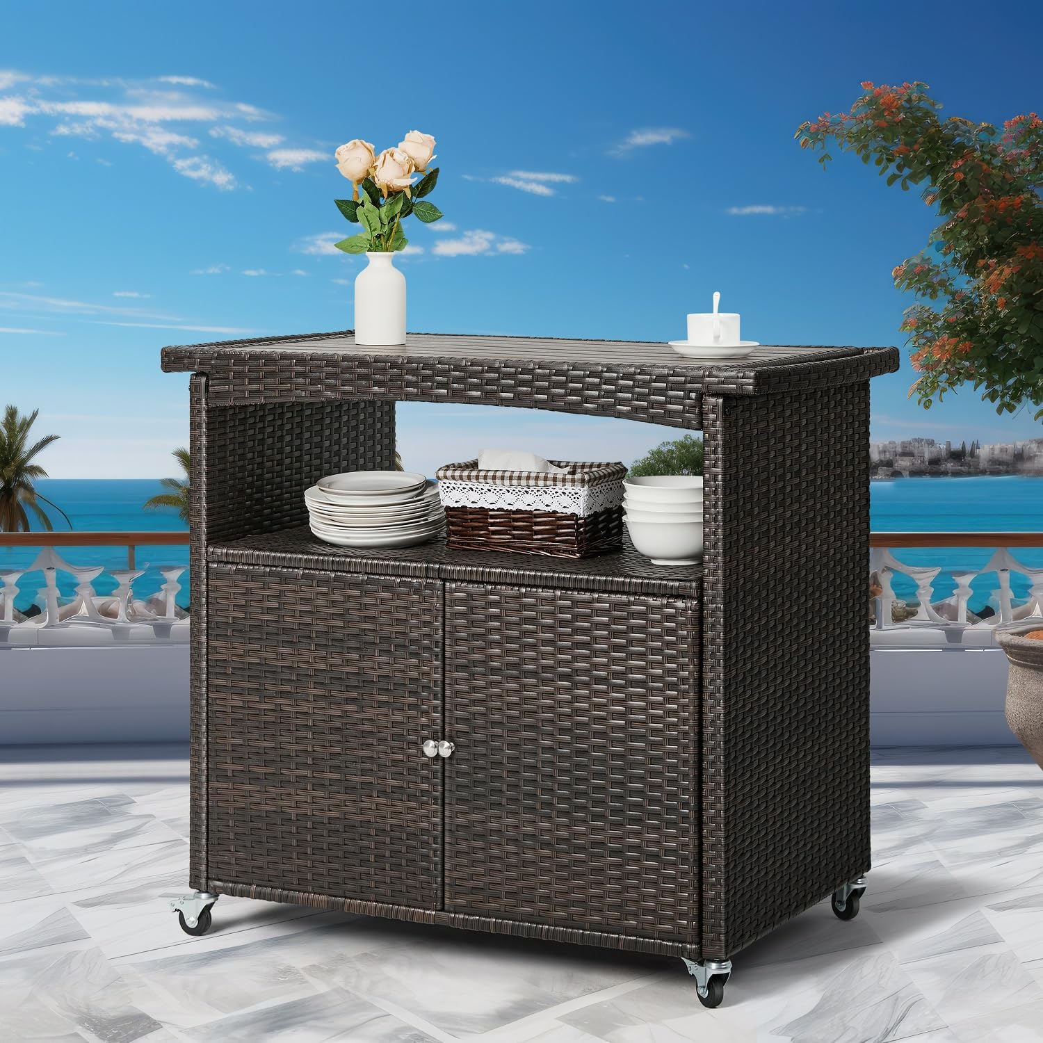 Outdoor Wicker Bar Cart with Storage Cabinet and Rolling Wheels