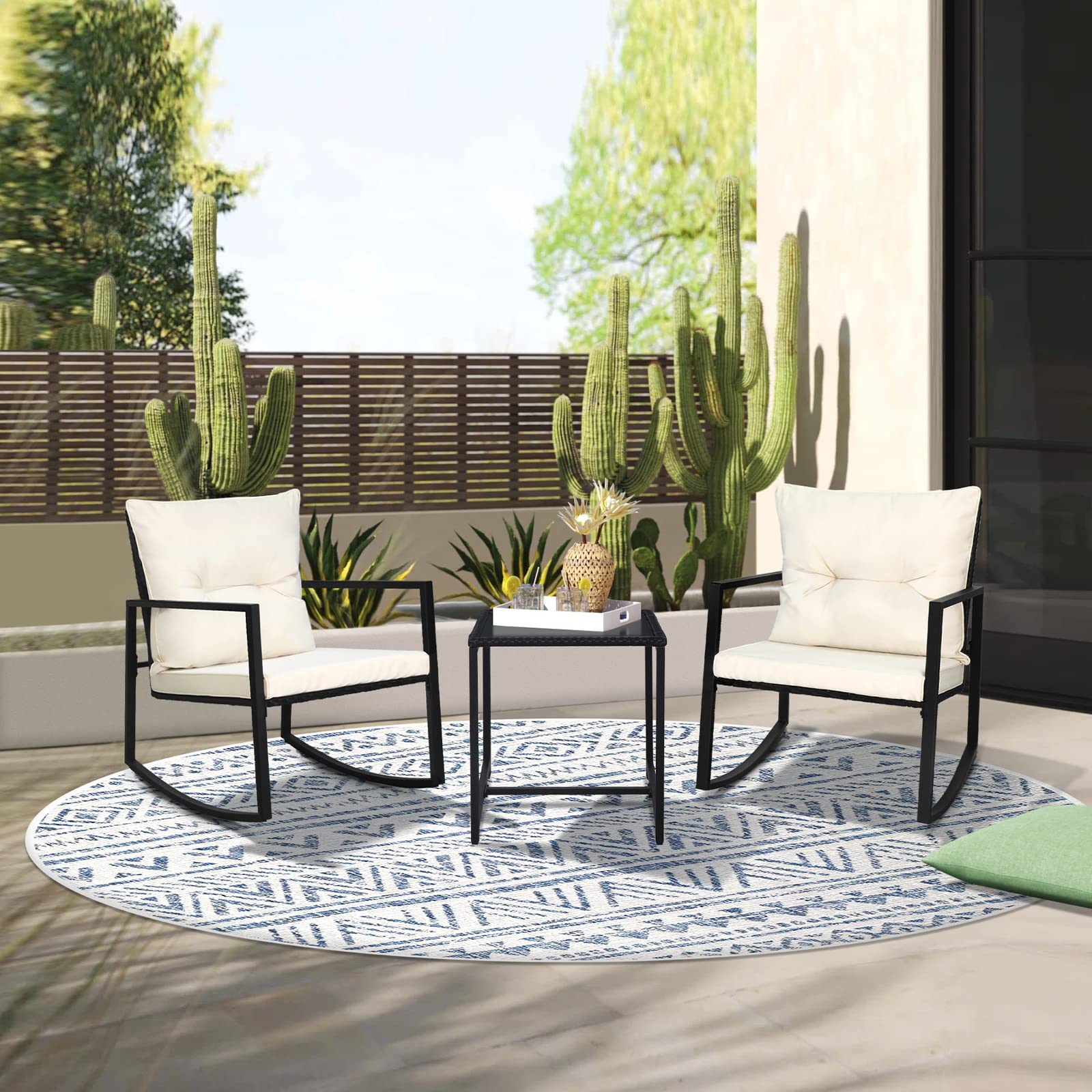 3-Piece Outdoor Rocking Bistro Set with Glass Coffee Table