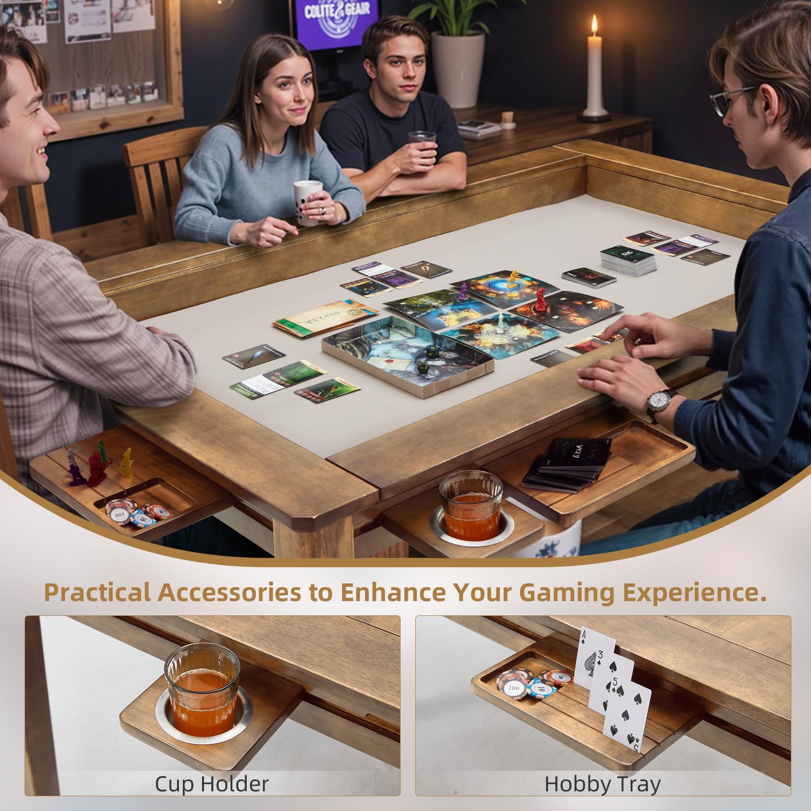 Solid Wood Board Game Table for 4-6 Players with Removable Top