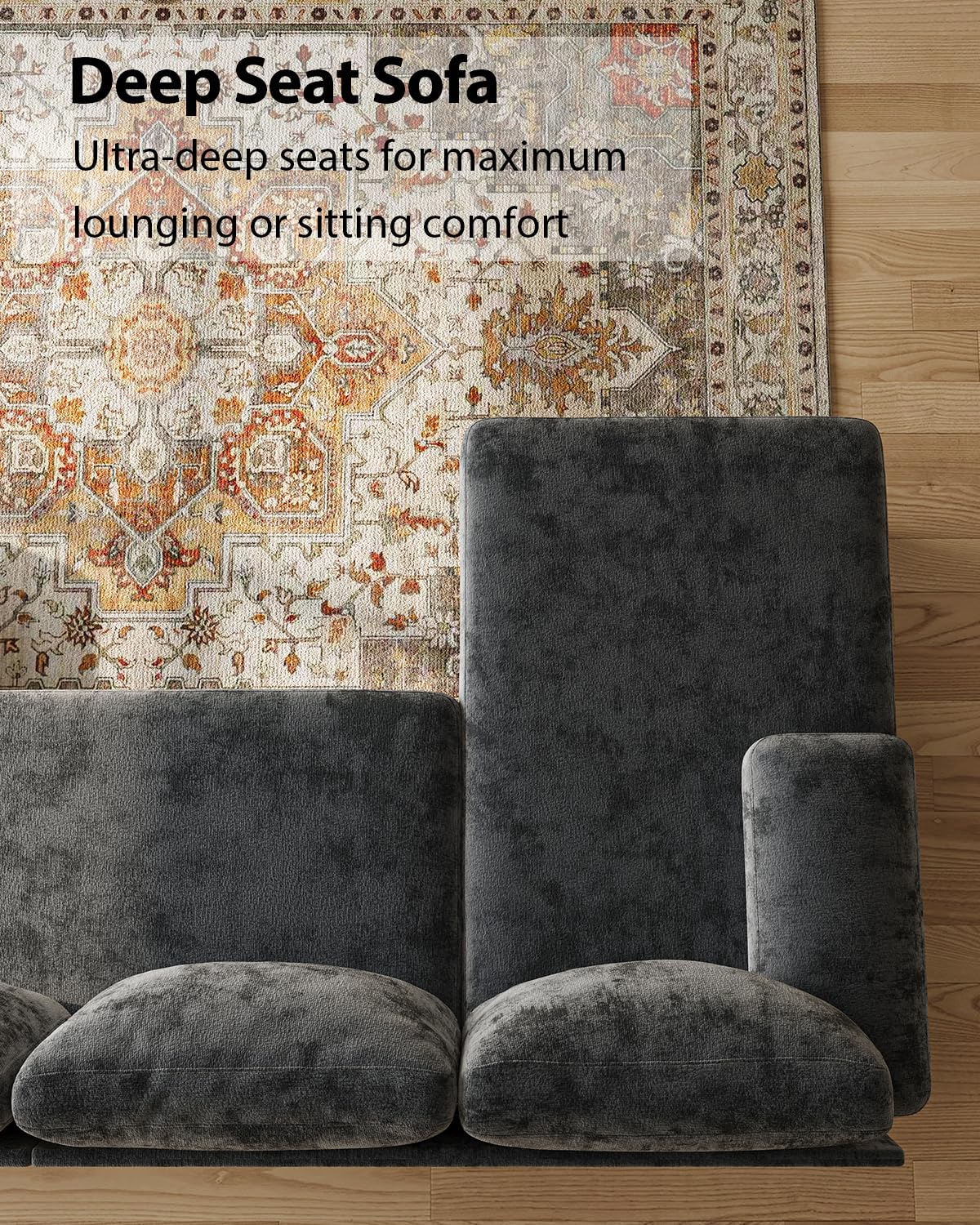 U-Shaped Sectional Couch 112 Inch Dark Grey Chenille Sofa with Double Chaise