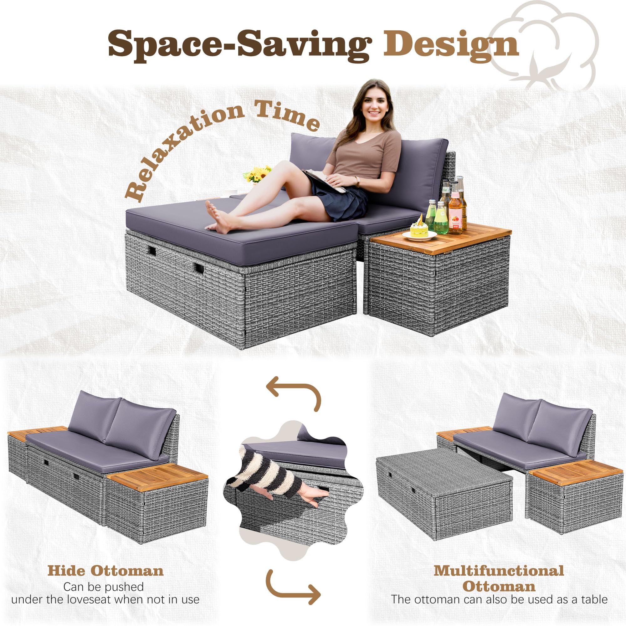 Outdoor Rattan Lounge Chair Set with Side Tables