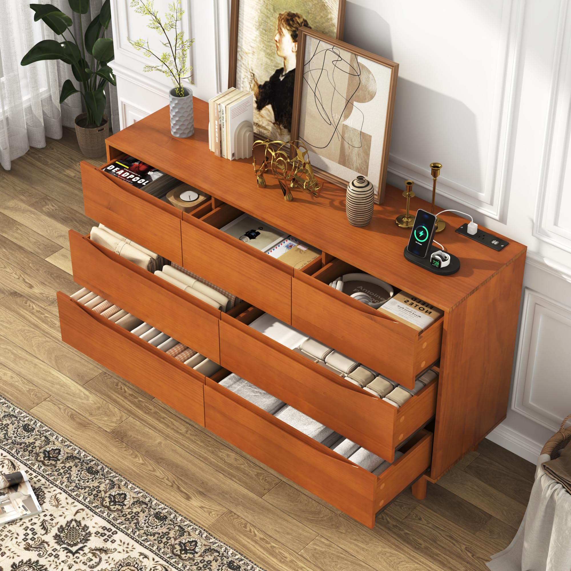 55 Inch Solid Wood 7 Drawer Dresser with Power Outlets