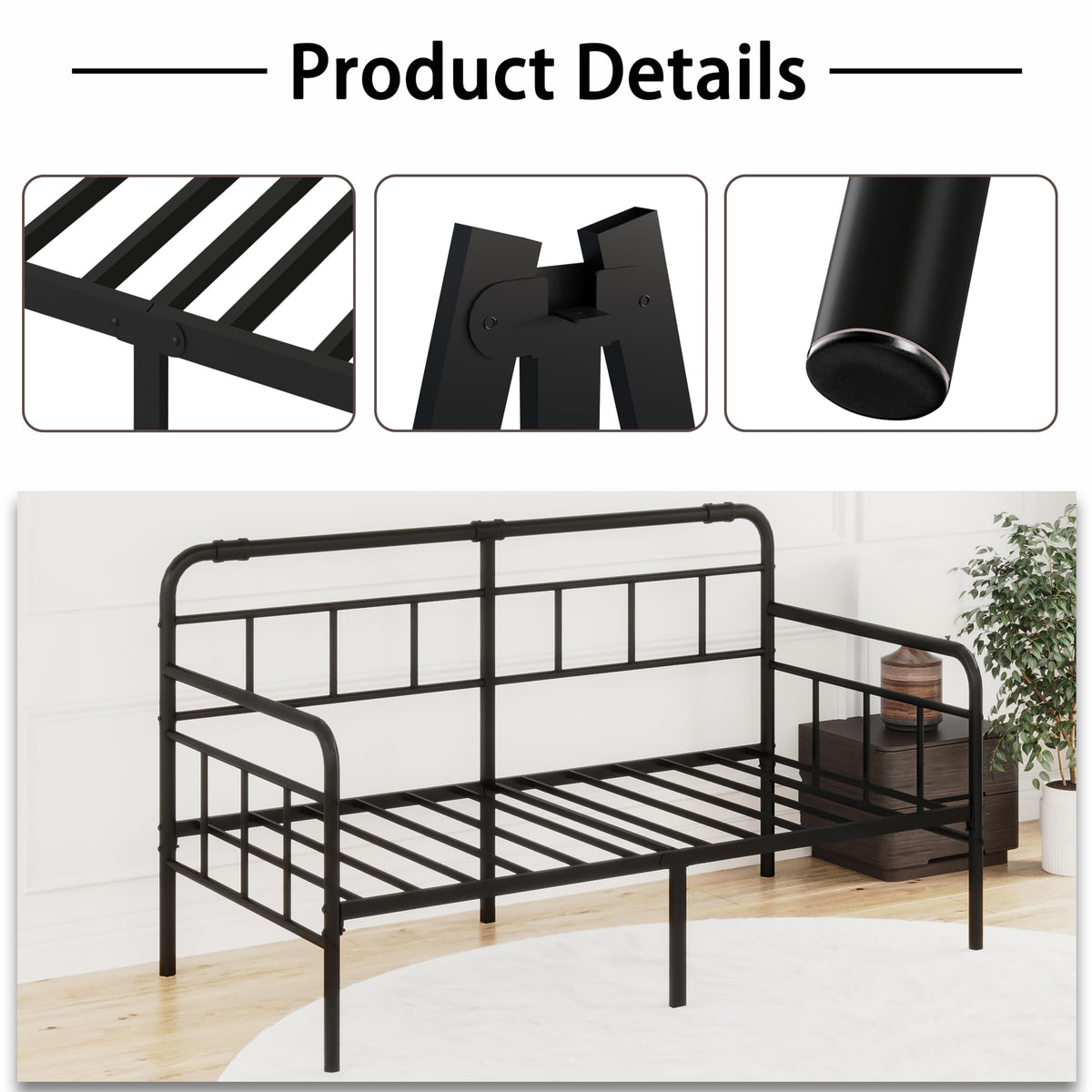 Metal Twin Daybed with Modern Headboard and Steel Slats