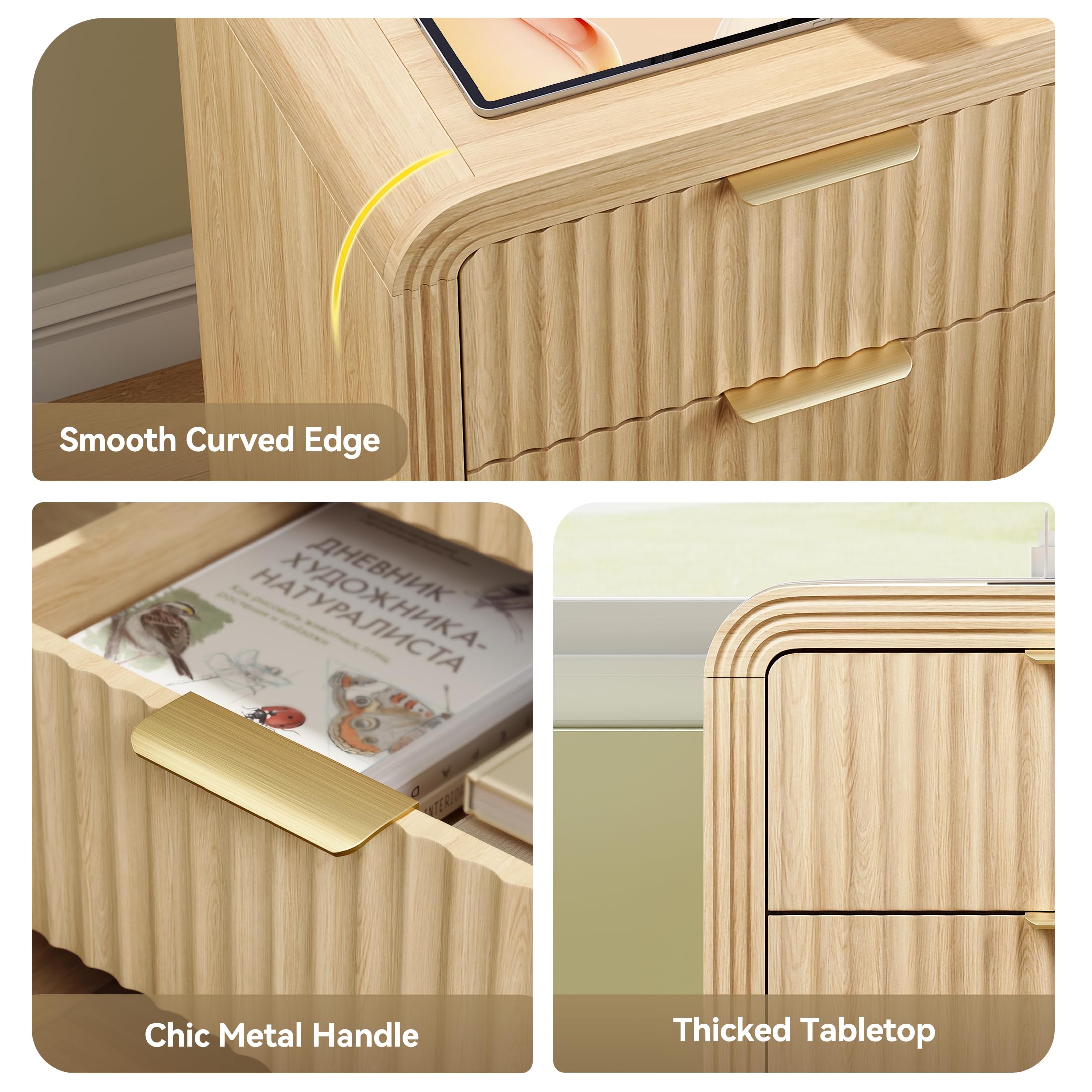 Fluted Nightstand with Charging Station and 3 Drawers