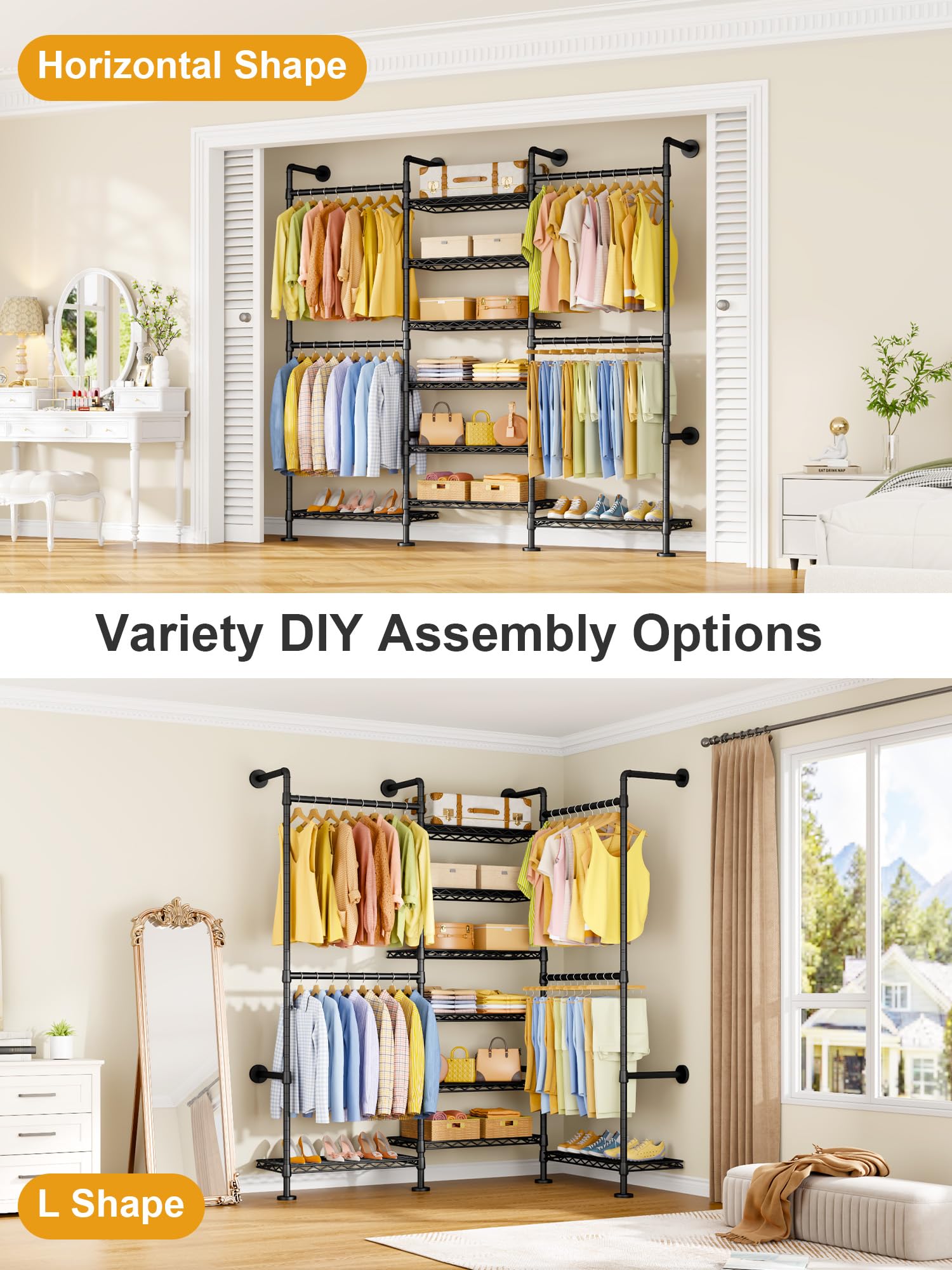 Wall Mounted Clothes Rack with 8 Shelves and 4 Hanger Rods