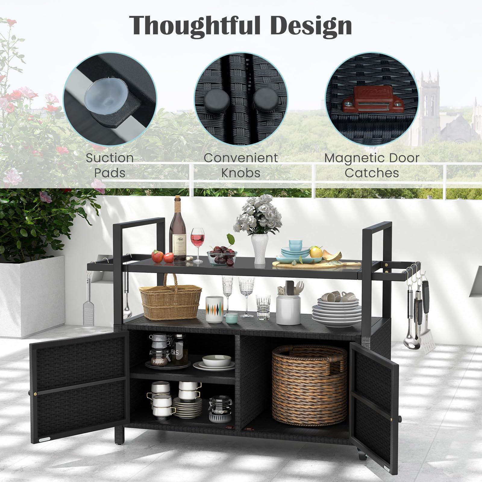 Outdoor Rolling Bar Cart with Tempered Glass Top