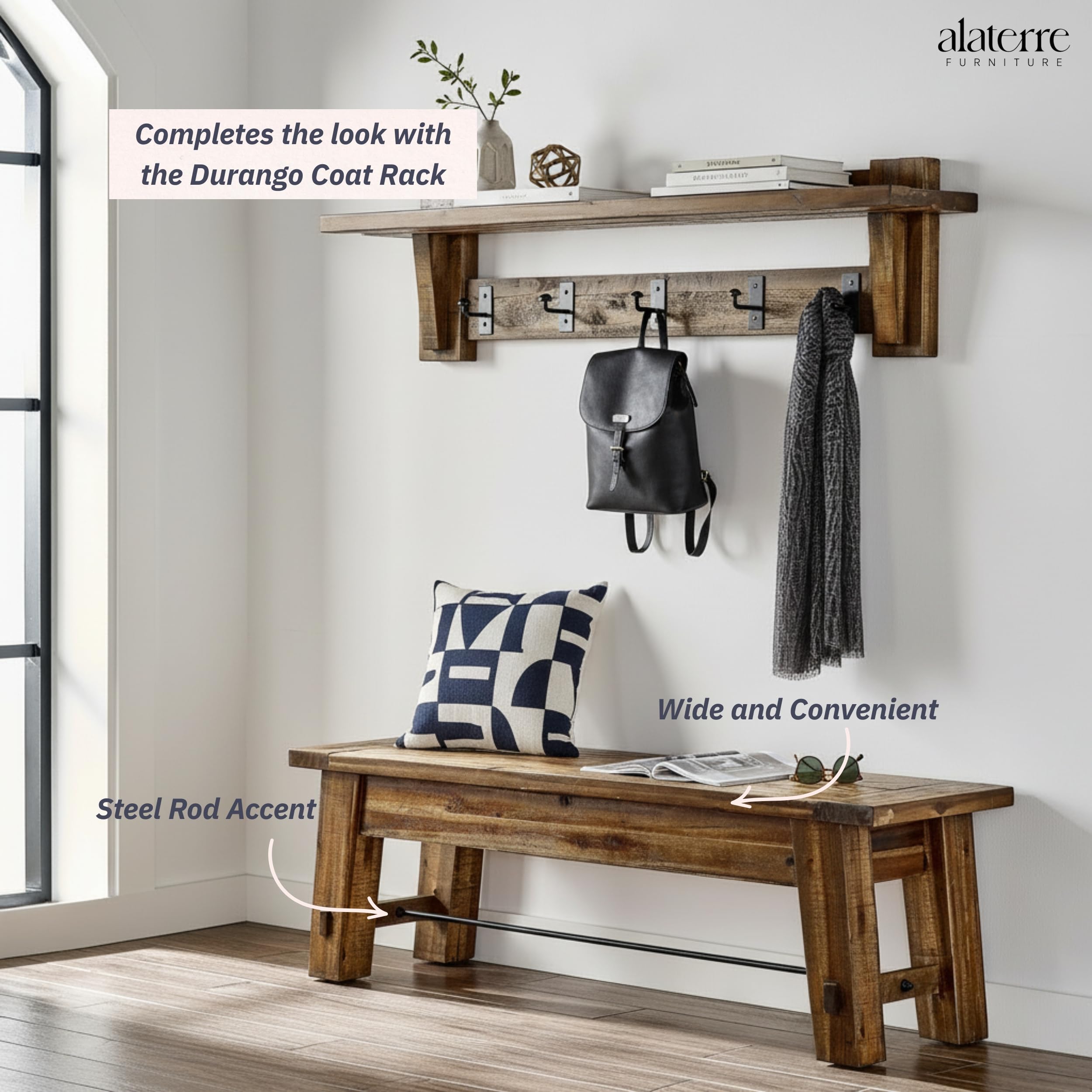 60 Inch Solid Wood Entryway Bench with Metal Accent Bar