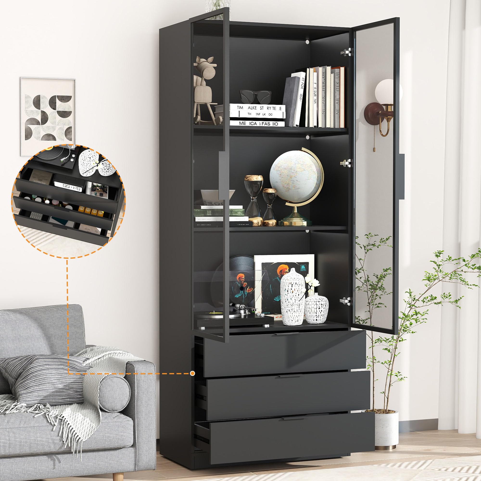 Black Glass Door Display Cabinet with LED Lights