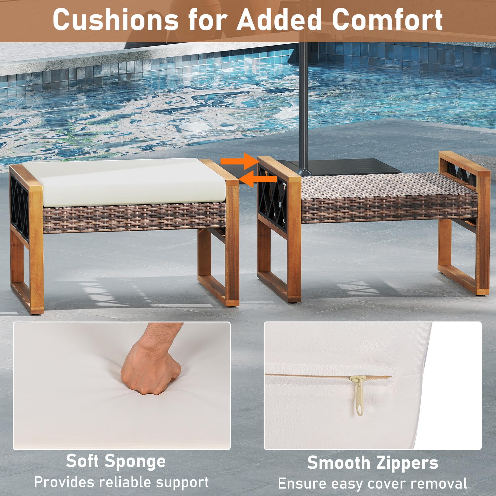 Wicker Outdoor Ottomans Set of 2 with Removable Cushions
