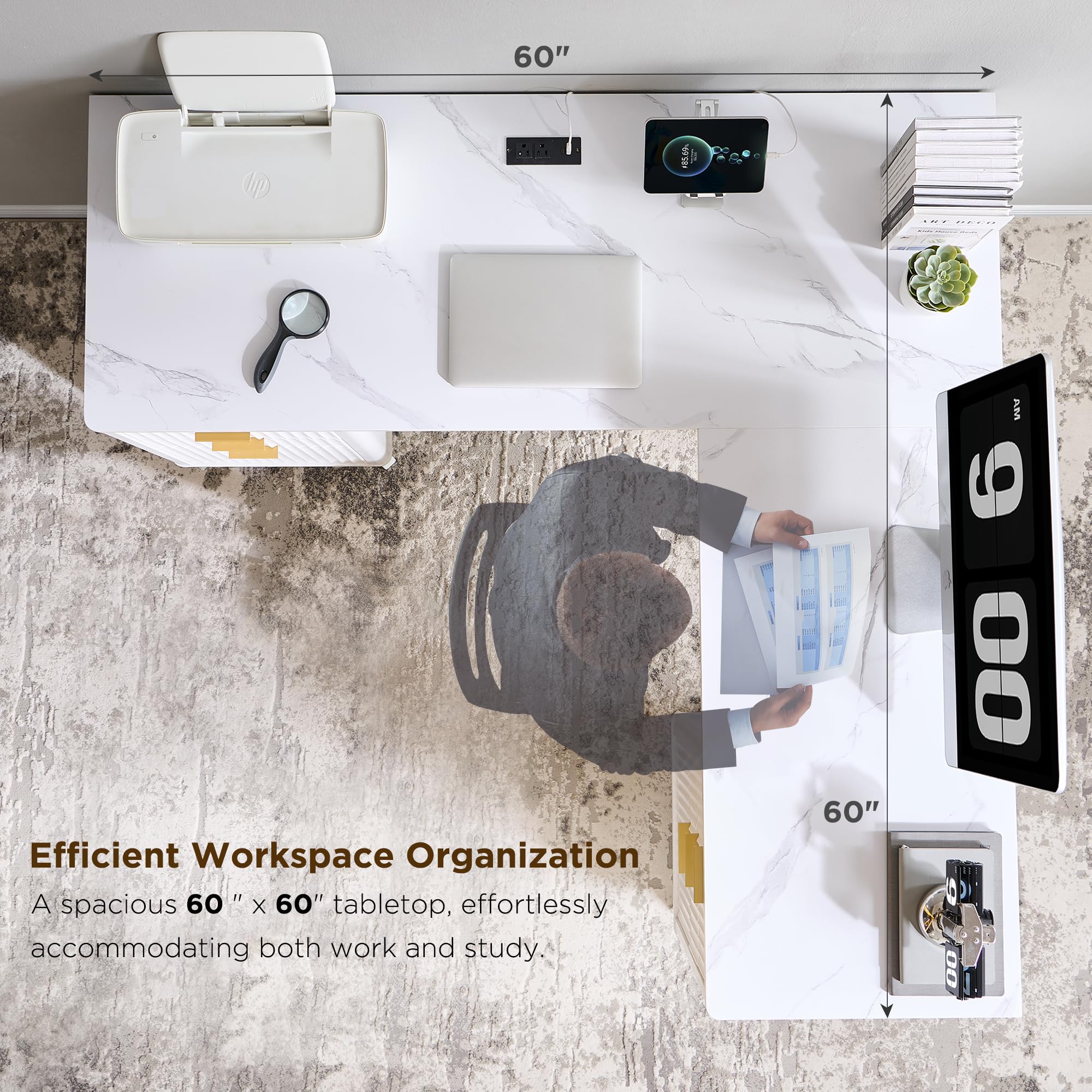 60" L-Shaped Executive Desk with Charging Station