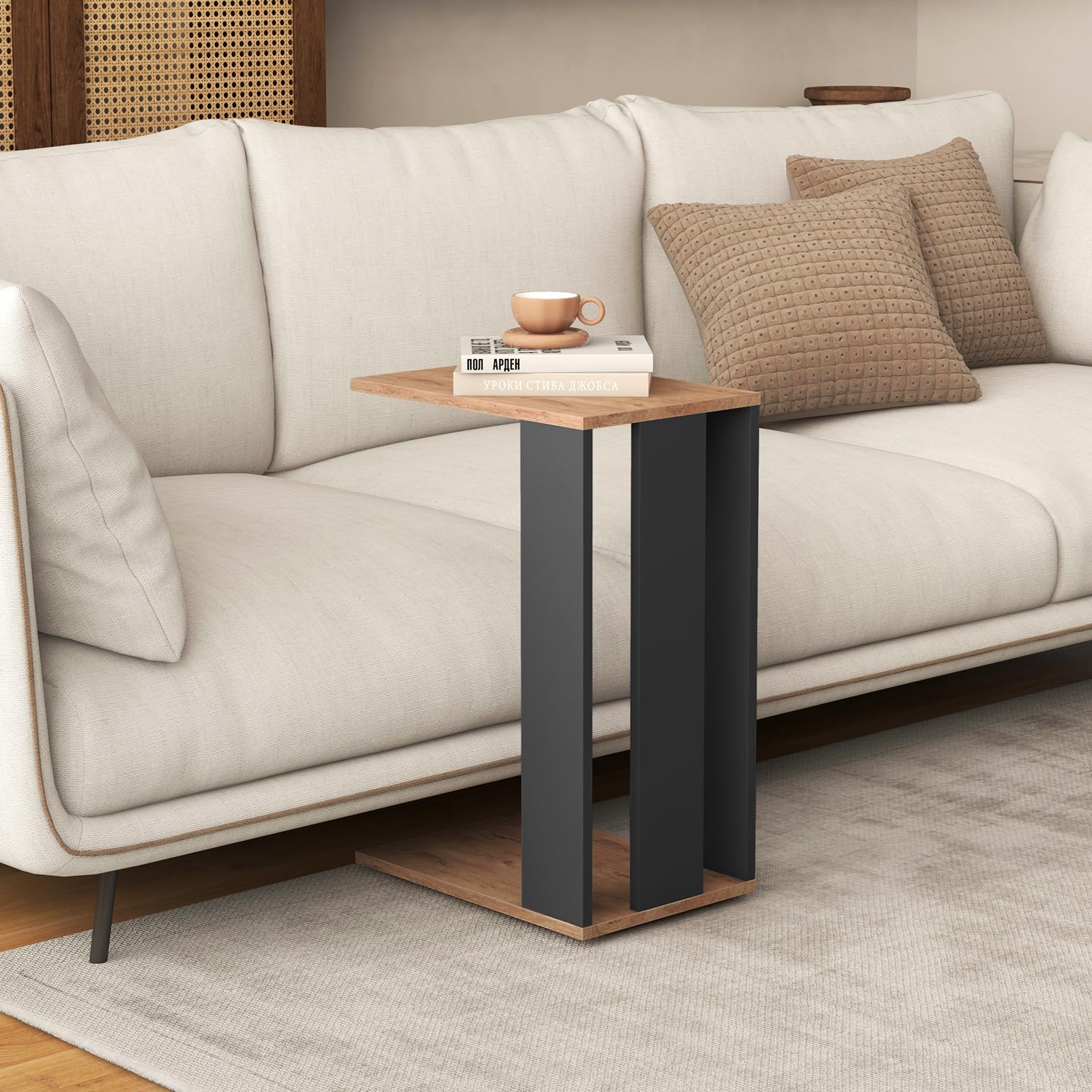 Rolling C-Shaped End Table Set of 2 with Wheels and Storage Shelf