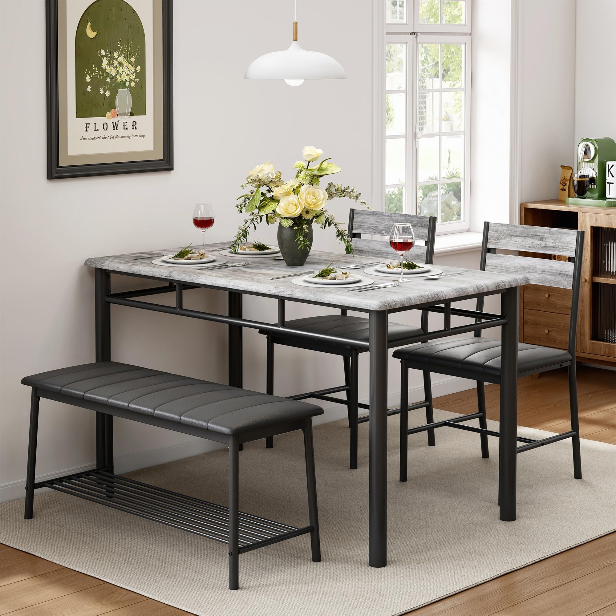 4-Piece Dining Table Set with Upholstered Bench